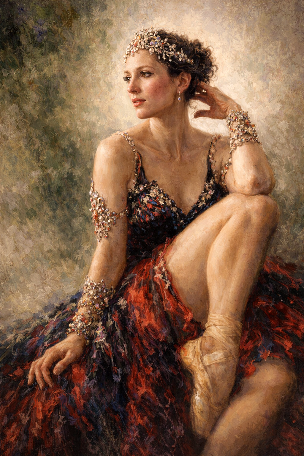 Schilderachtig portret van een elegante ballerina in rood-zwarte tutu met fonkelende sieraden