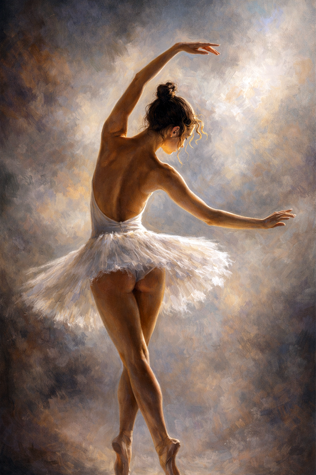 Schilderachtig beeld van een elegante ballerina in witte tutu met gracieuze danshouding