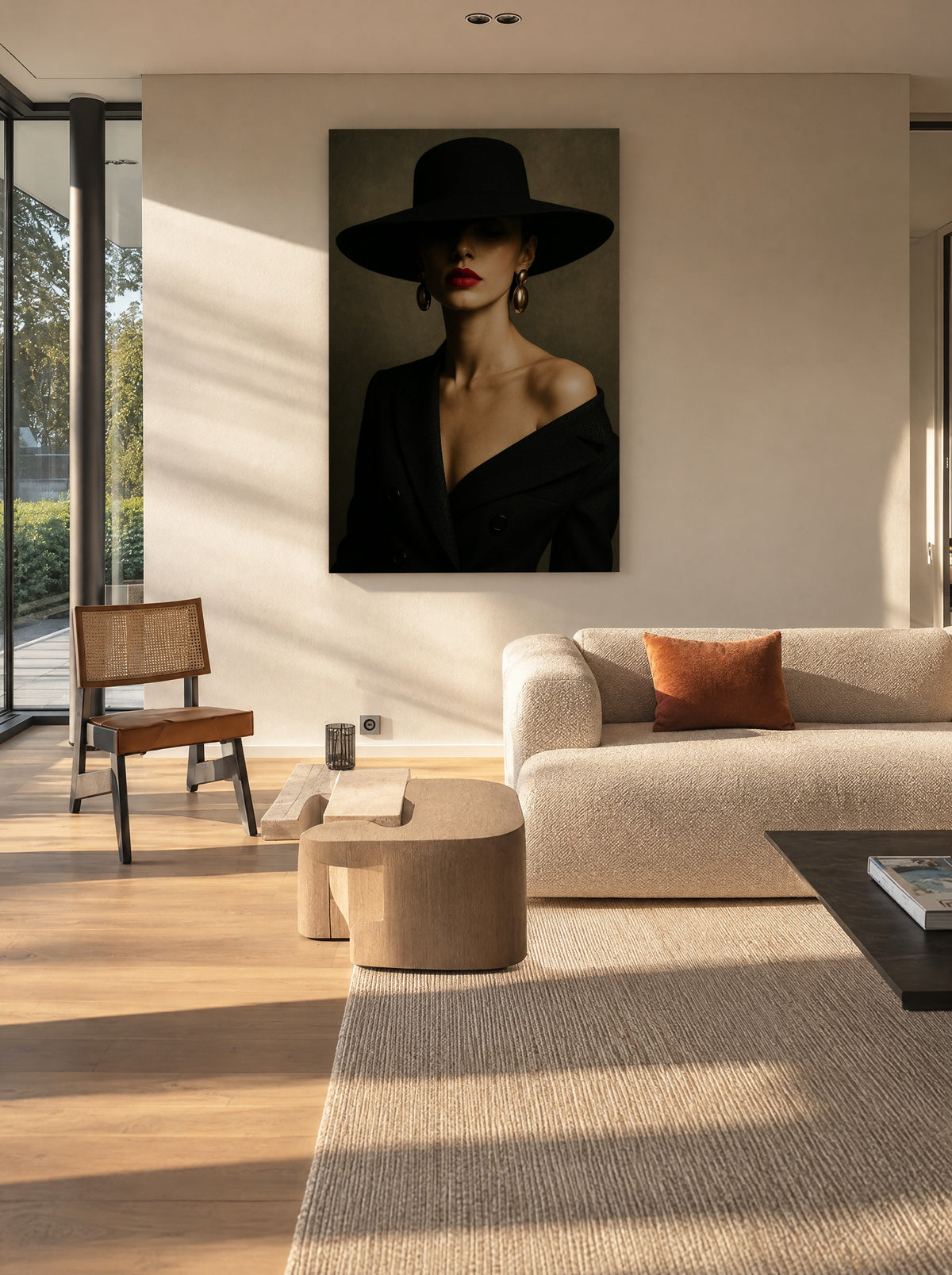 Elegante Dame met Zwarte Hoed als canvas zonder lijst aan de muur