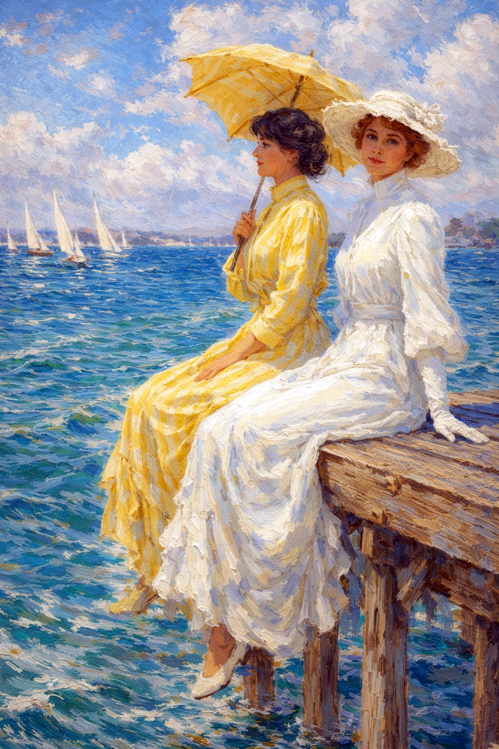 Impressionistisch schilderij van twee elegante dames aan zee op een houten pier