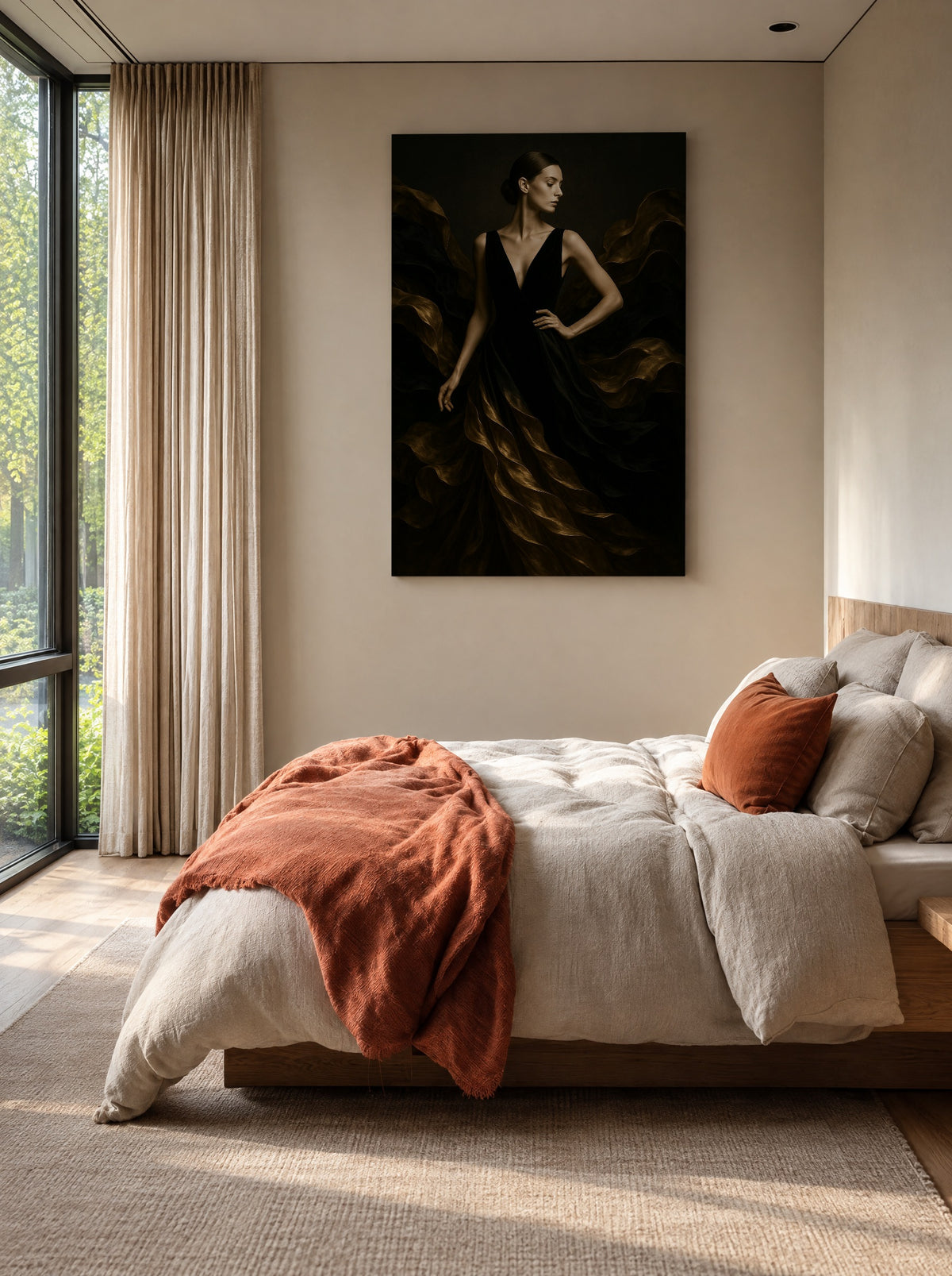 Elegante Modestudie in Zwart en Goud als canvas zonder lijst aan de muur