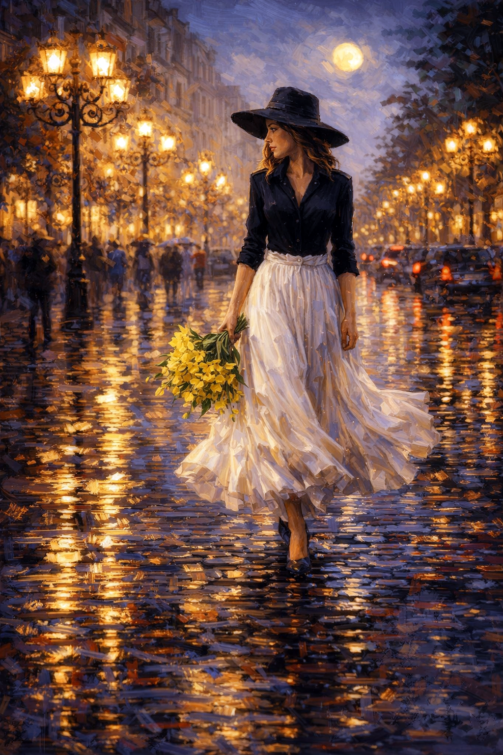 Schilderachtig beeld van een elegante vrouw met zwarte hoed en gele bloemen in een verlichte avondstad