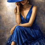 Schilderachtig portret van een elegante vrouw in blauwe jurk met brede blauwe hoed