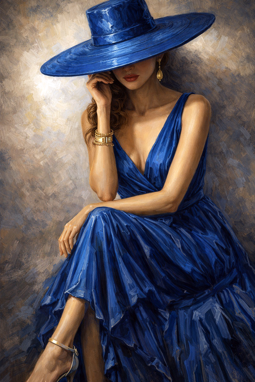 Schilderachtig portret van een elegante vrouw in blauwe jurk met brede blauwe hoed