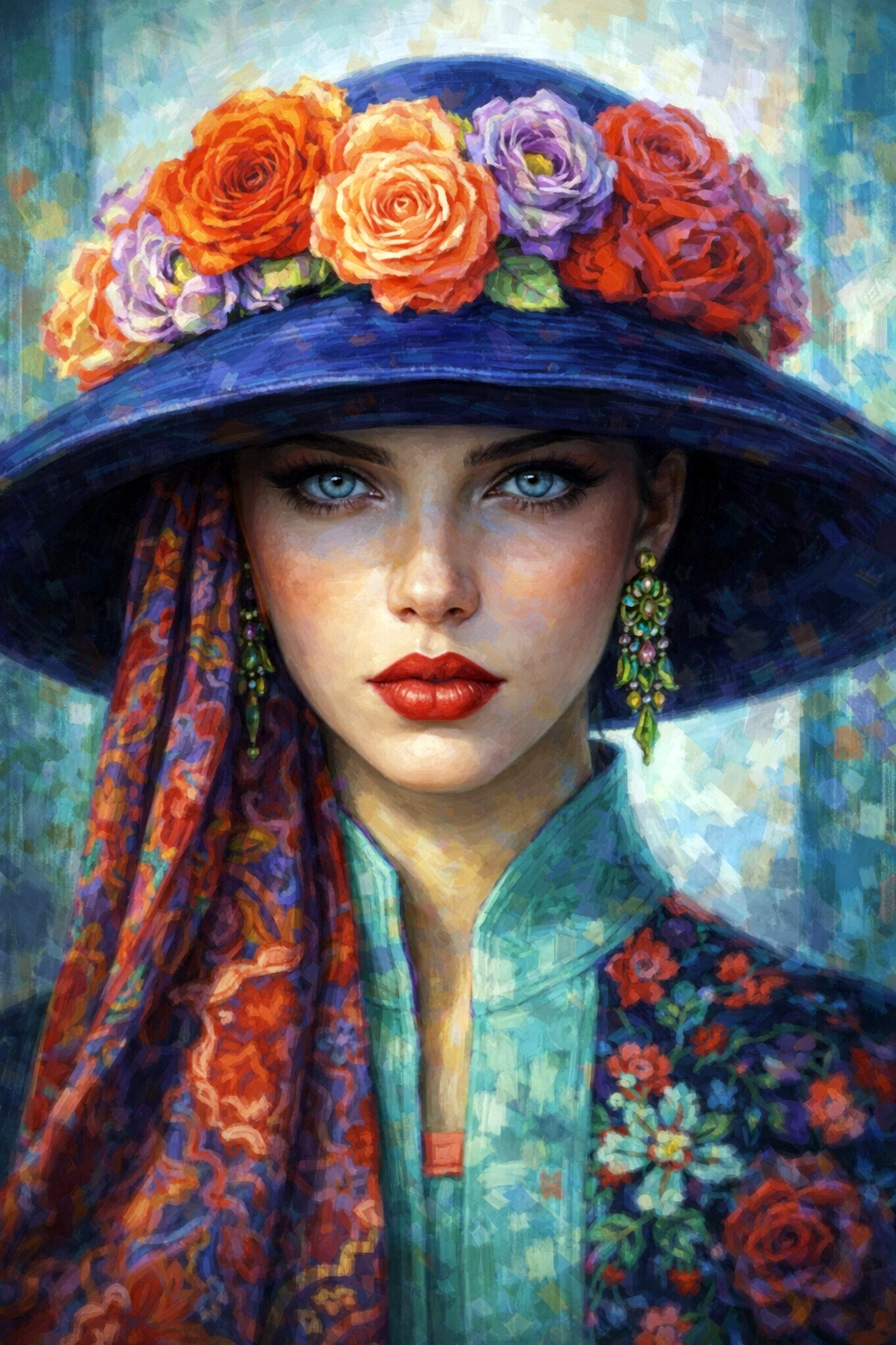 Schilderachtig portret van een elegante vrouw met blauwe hoed en kleurrijke bloemen