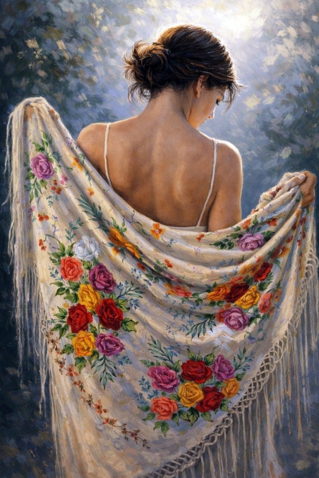 Schilderachtig beeld van een elegante vrouw van achteren met gebloemde omslagdoek en zachte lichtval