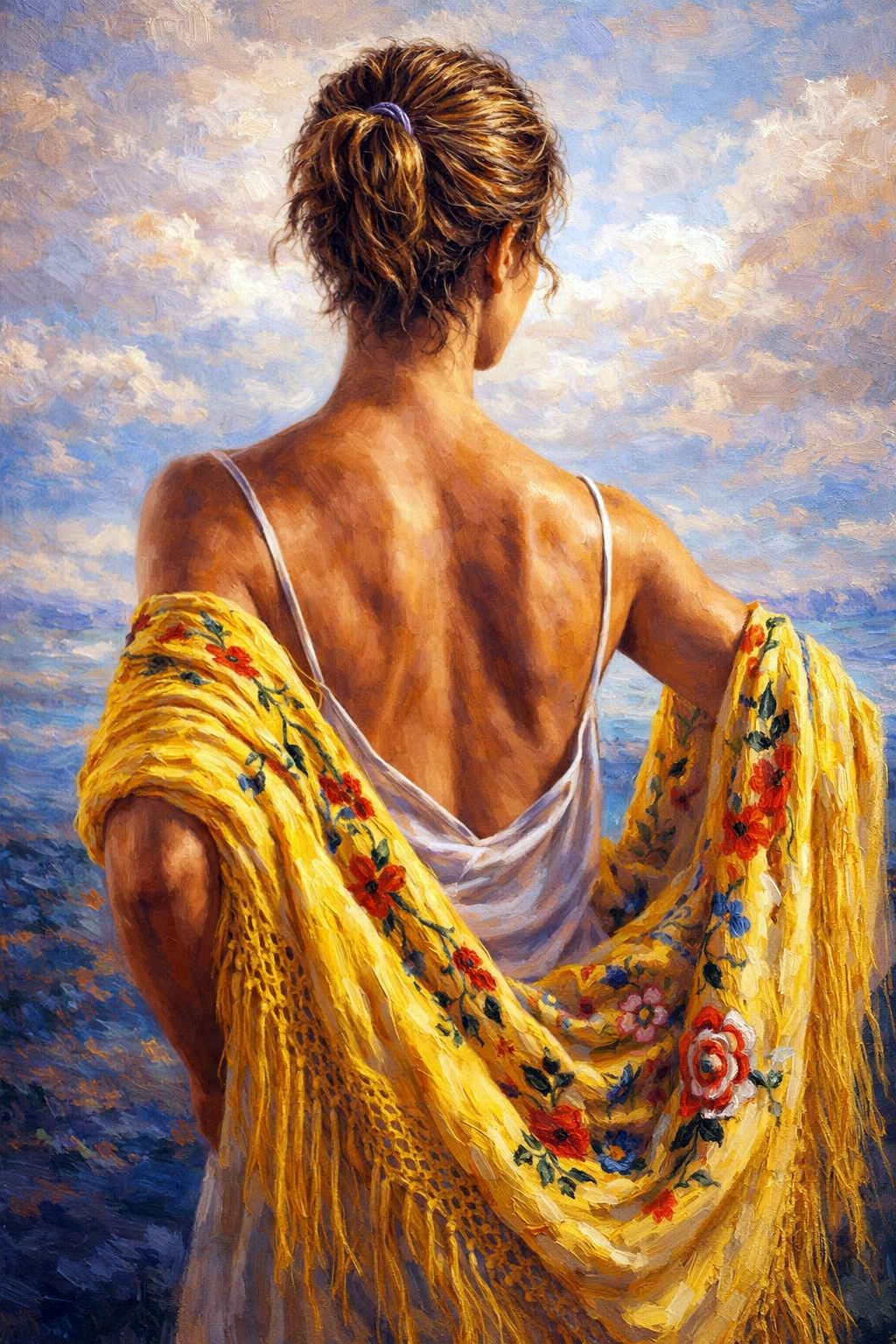 Schilderachtig beeld van een elegante vrouw van achteren met gele gebloemde omslagdoek aan zee
