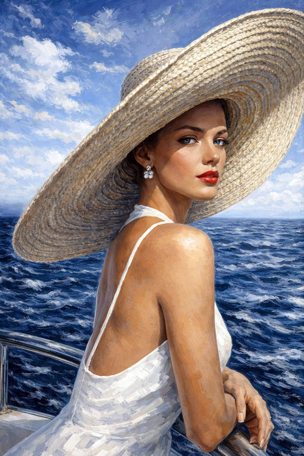 Schilderachtig portret van een elegante vrouw met grote strohoed op zee