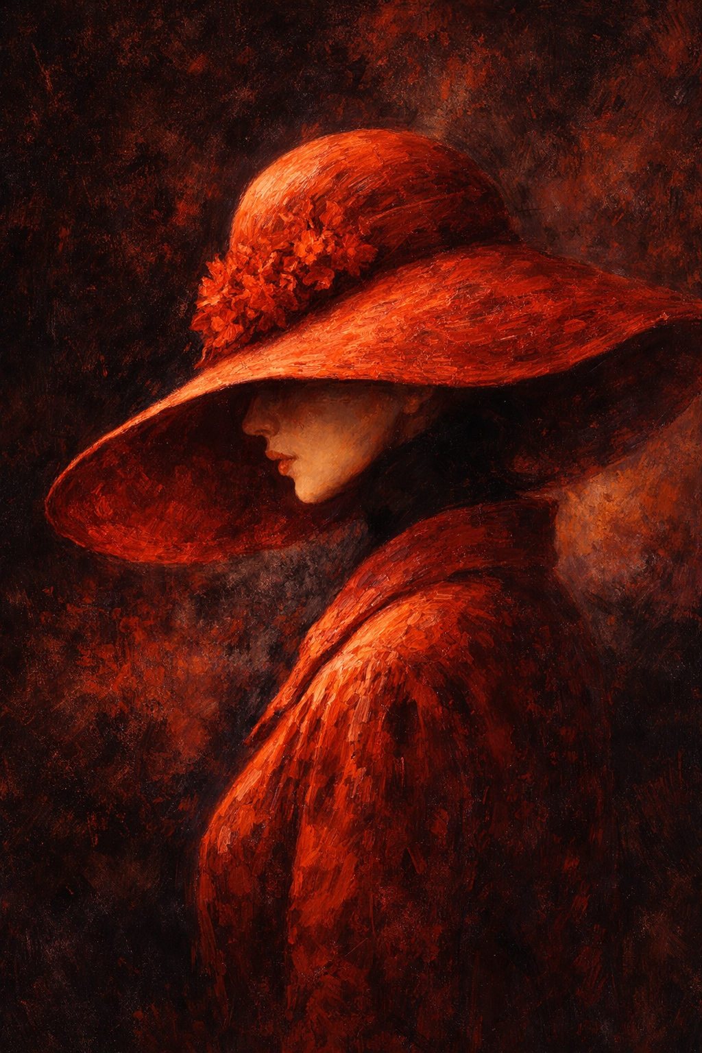 Schilderachtig portret van een elegante vrouw in rood met grote hoed en zijaanzicht