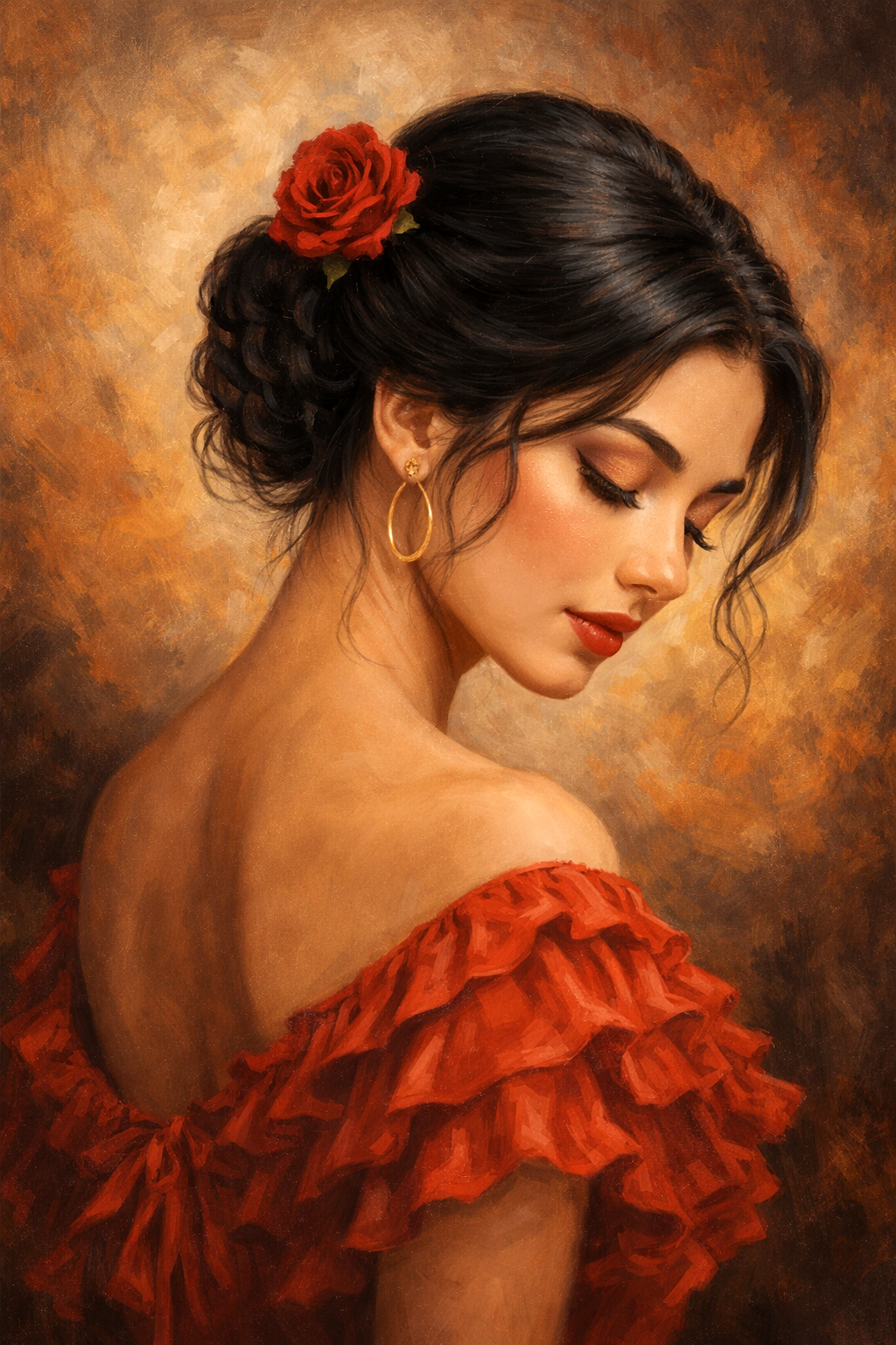 Schilderachtig portret van een elegante vrouw in rode jurk met rode roos in het haar