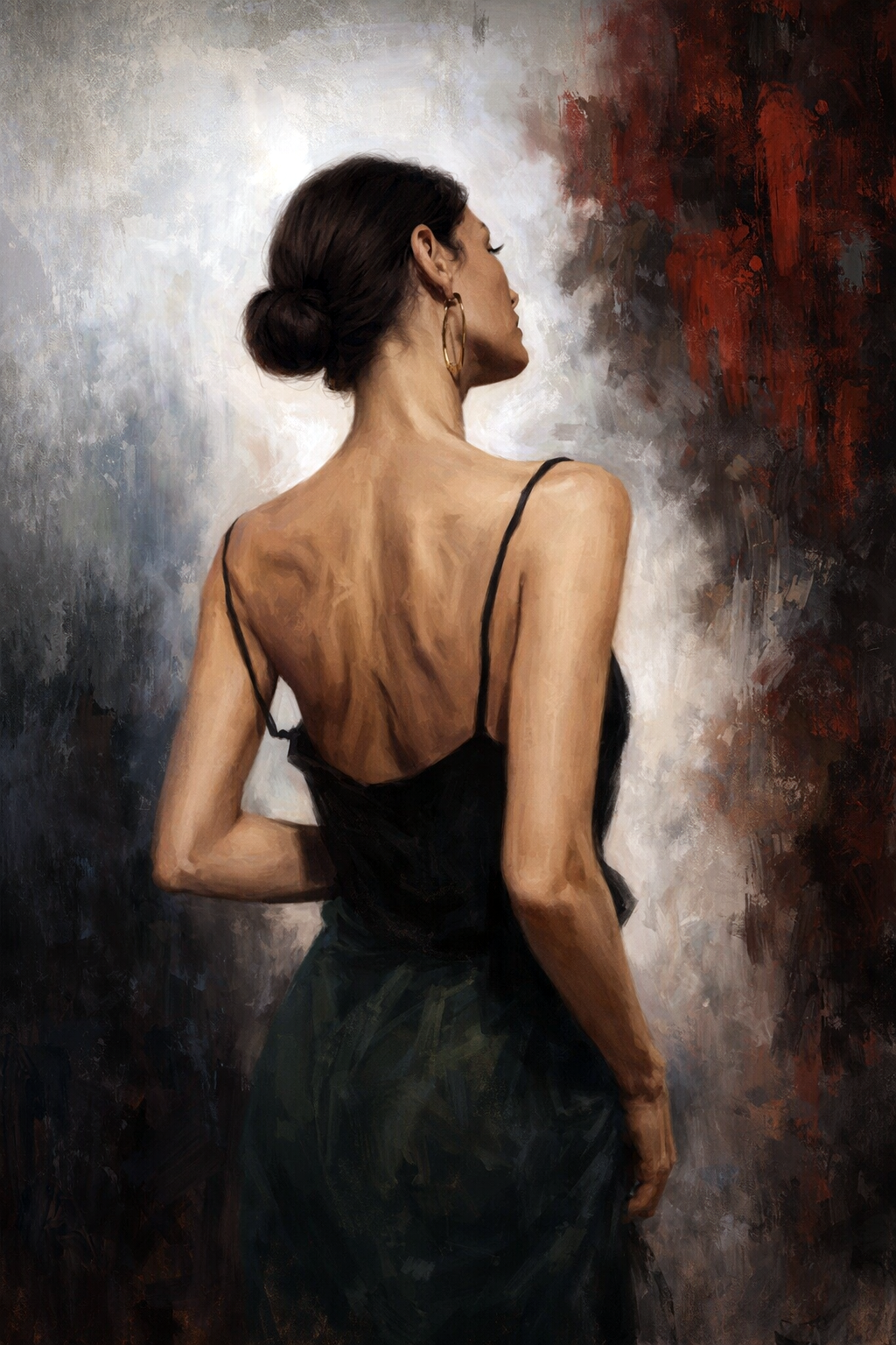 Schilderachtig portret van een elegante vrouw van achteren in een donkere jurk