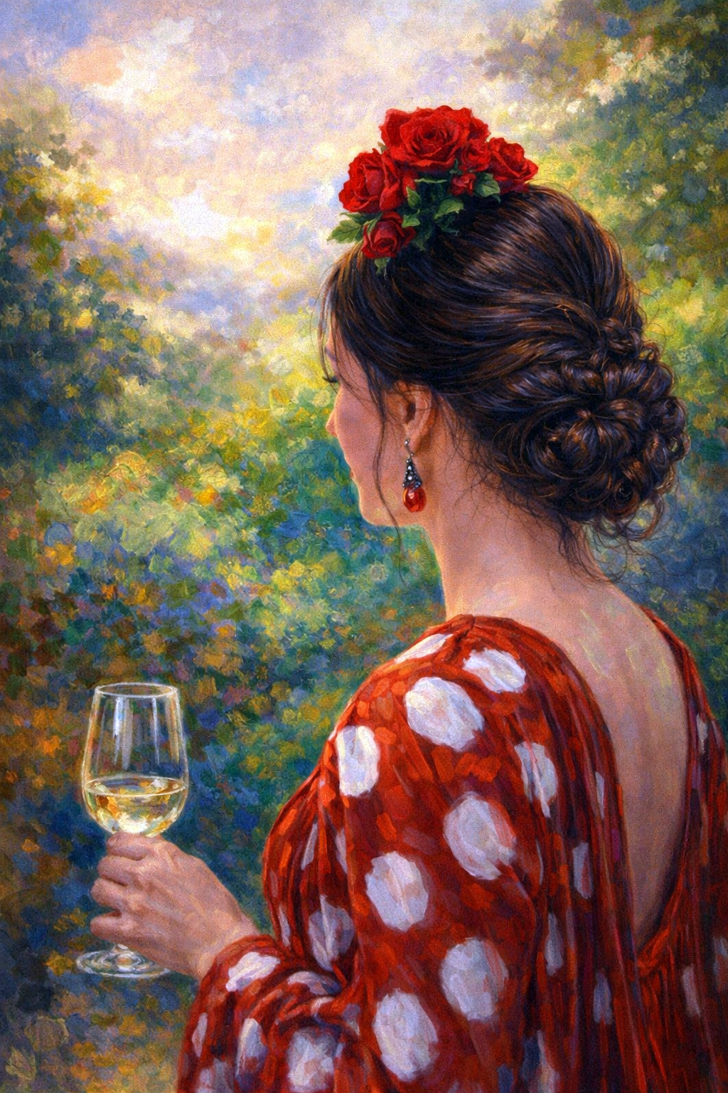 Schilderachtig beeld van een elegante vrouw met wijnglas en rode bloemen in het haar