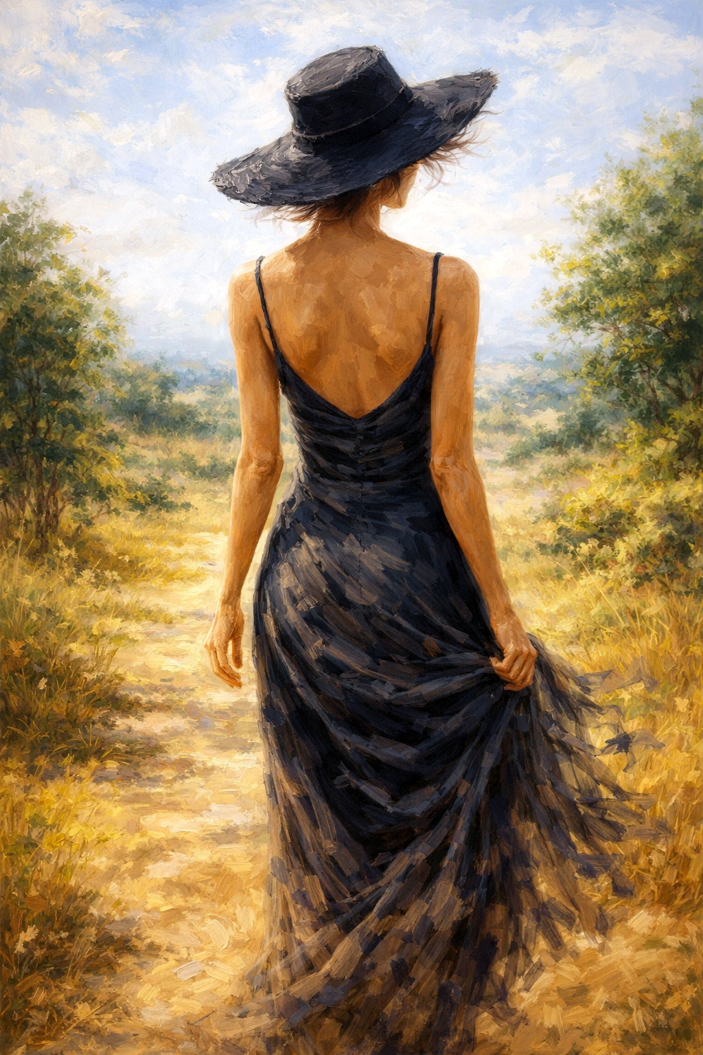 Schilderachtig beeld van een elegante vrouw van achteren in een zwarte jurk met grote zwarte hoed