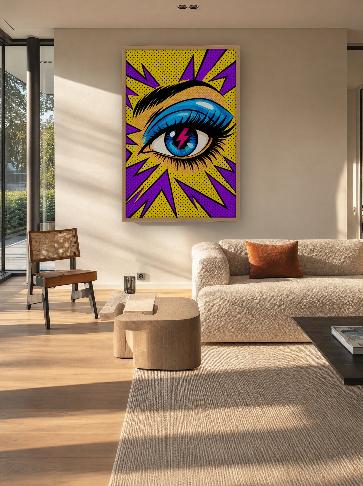 Elektrisch Oog Popart met natuur houten lijst aan de muur