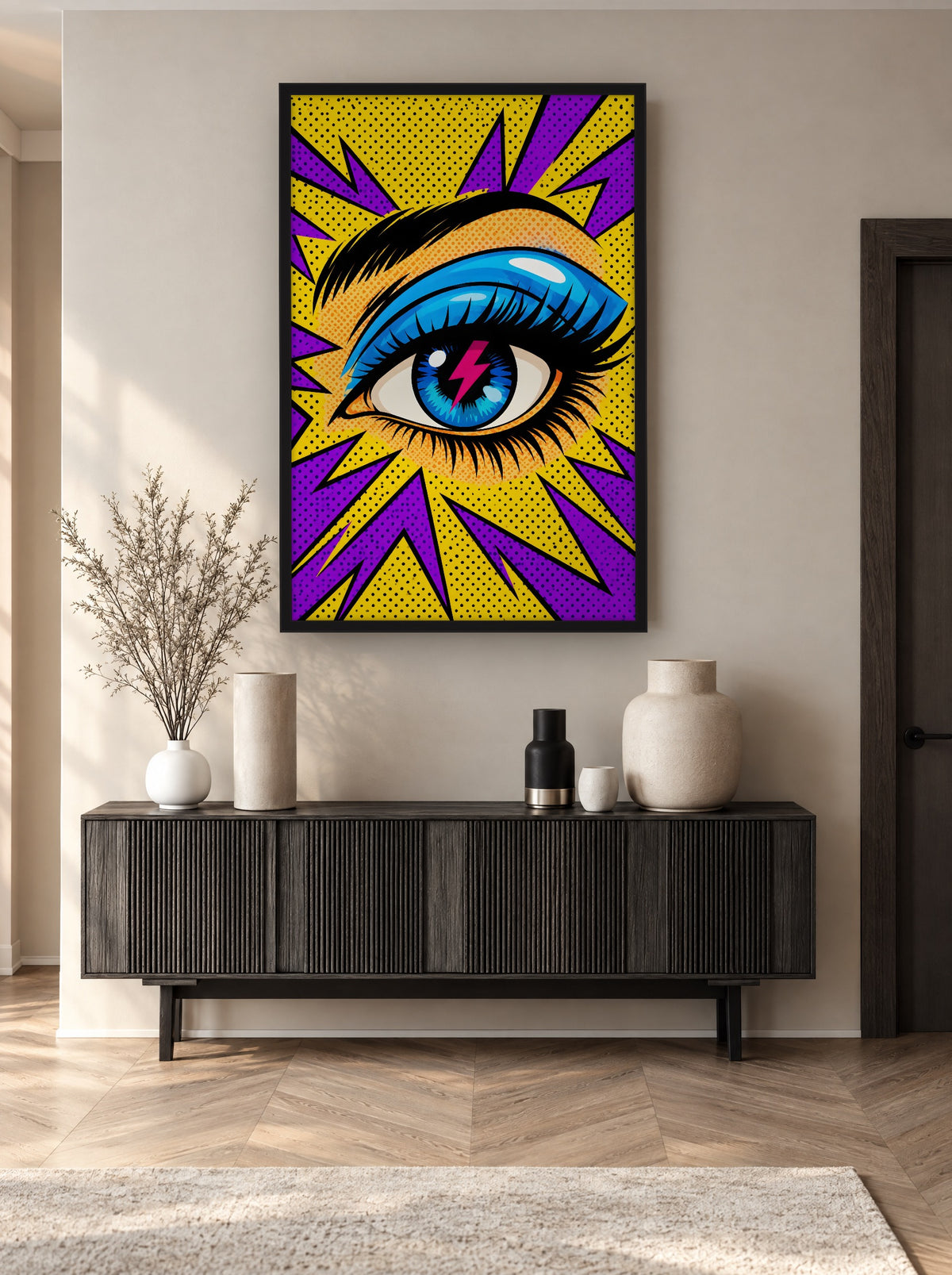 Elektrisch Oog Popart met zwarte lijst aan de muur