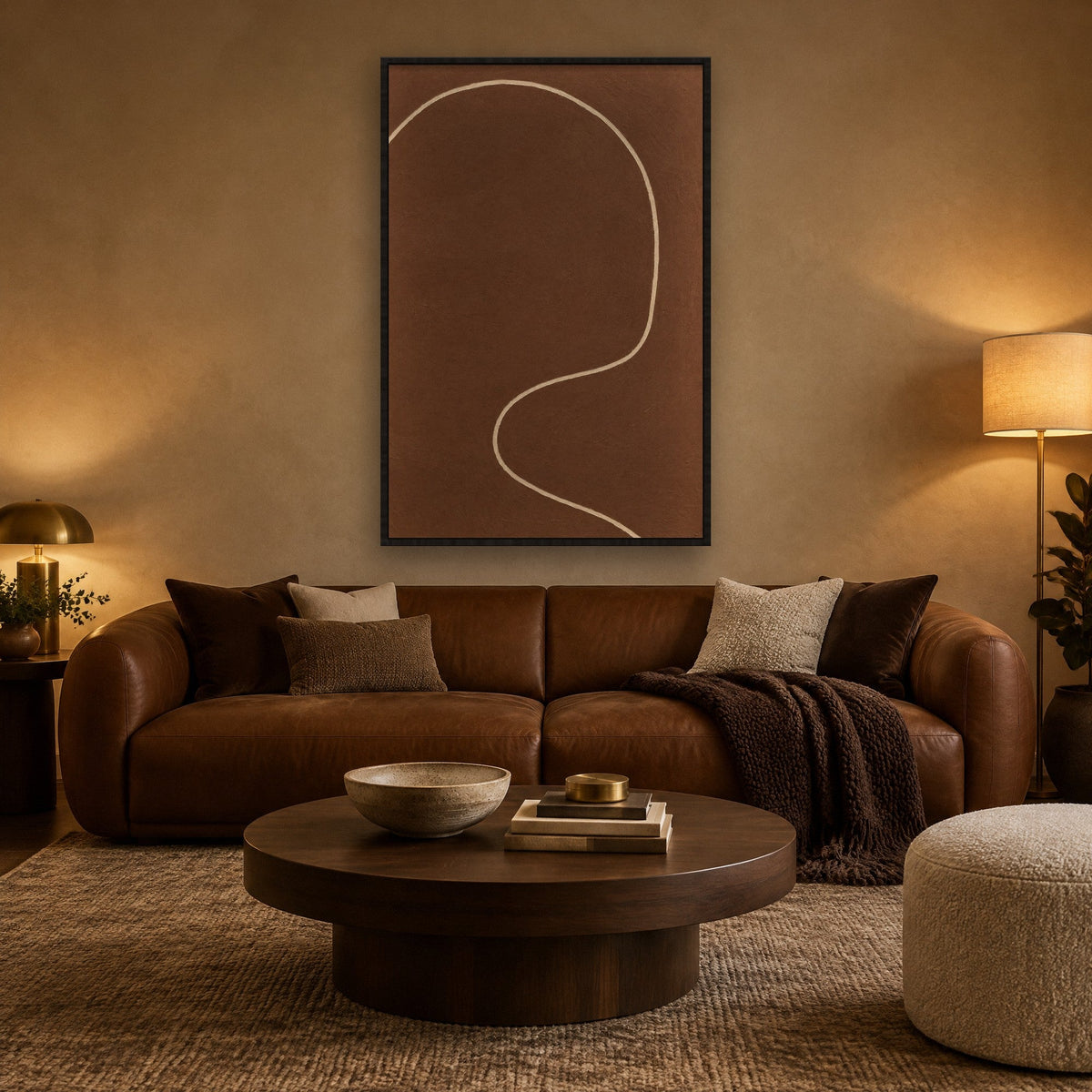 Espressobogen in Cremelinie Wandbild mit schwarzem Rahmen an der Wand im Wohnzimmer