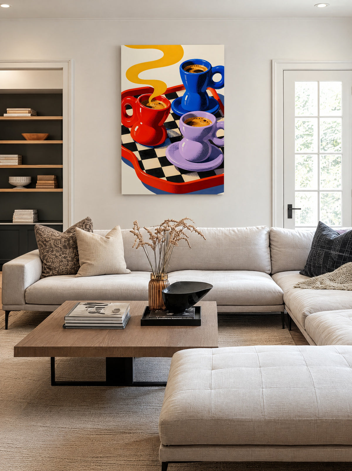 Espresso Trio op Geruit Dienblad als canvas zonder lijst aan de muur