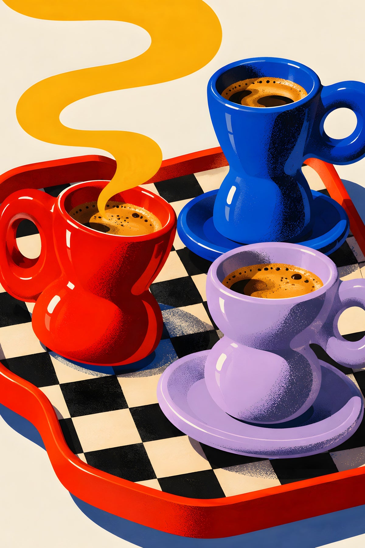 Espresso Trio op Geruit Dienblad popart canvas schilderij