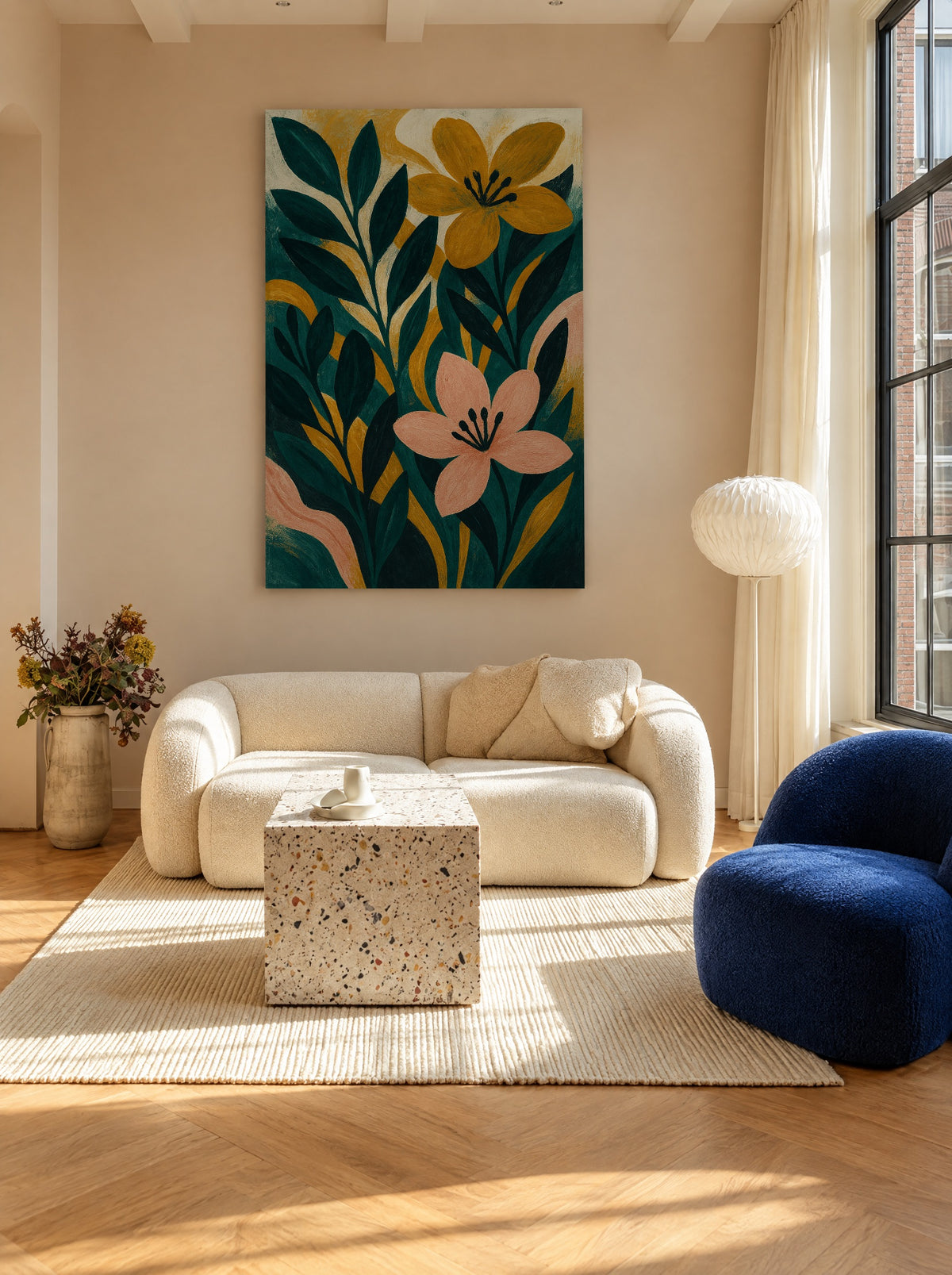 Expressief Botanisch in Smaragd en Mosterd als canvas zonder lijst aan de muur