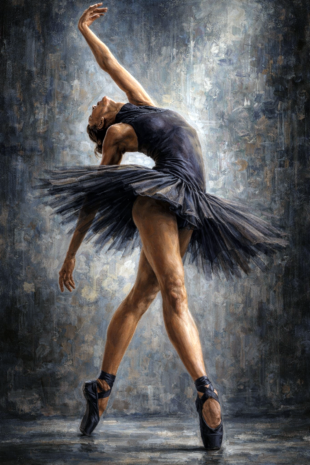 Schilderachtig beeld van een ballerina in zwarte tutu op spitzen met elegante beweging