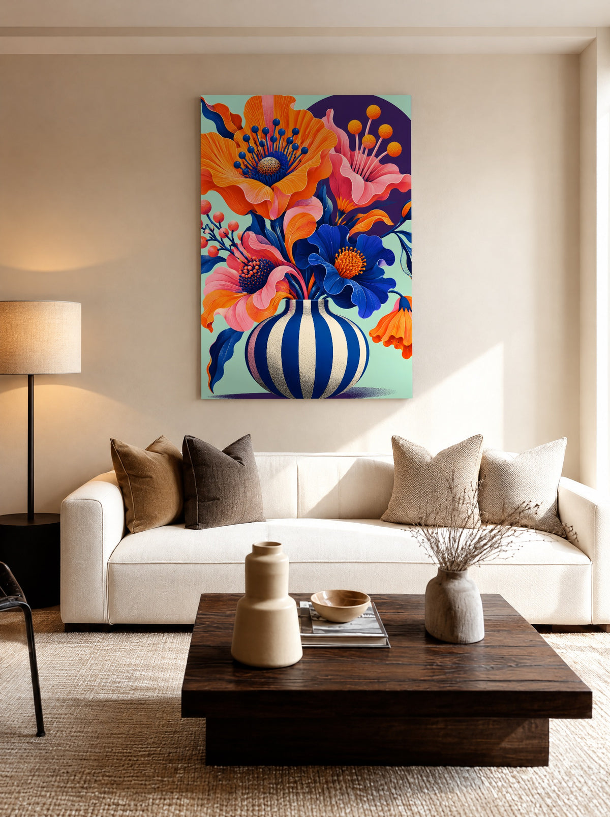 Fantasieboeket in Gestreepte Vaas als canvas zonder lijst aan de muur