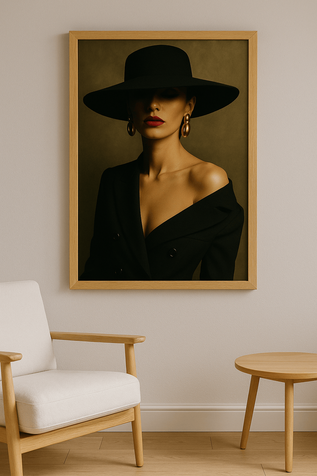 Elegante Dame met Zwarte Hoed Schilderij - interieurmockup eiken lijst