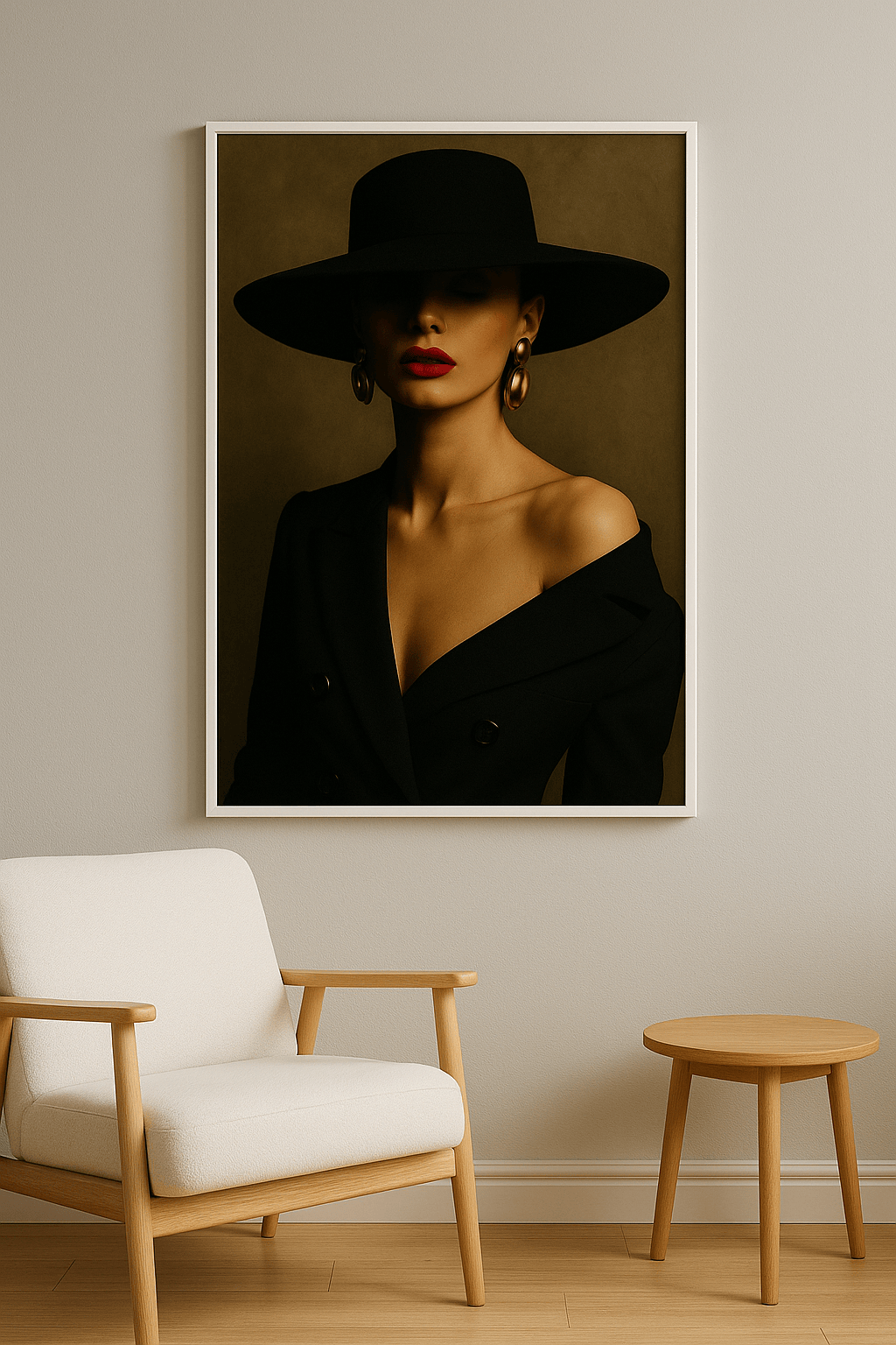 Elegante Dame met Zwarte Hoed Schilderij - interieurmockup witte lijst