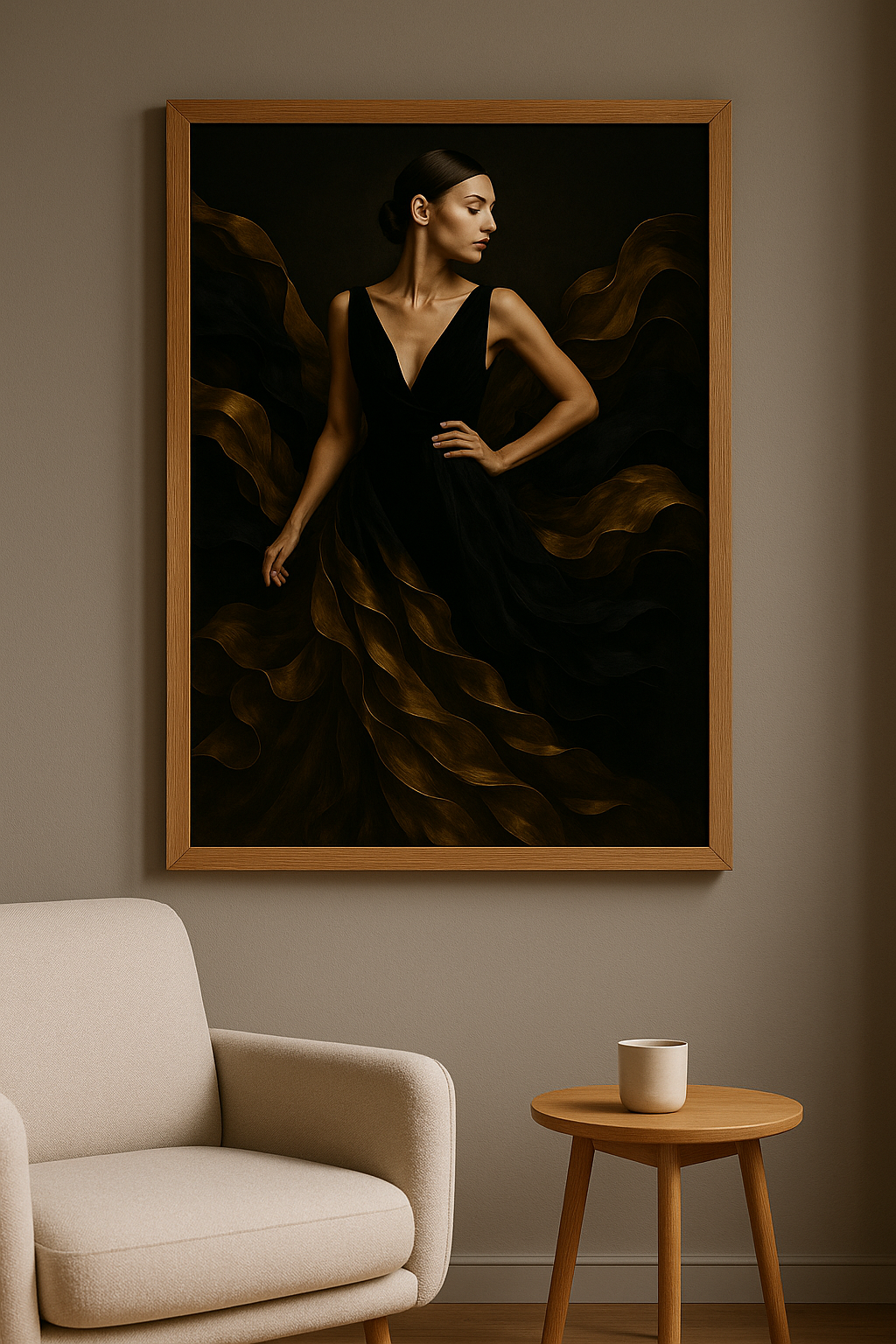 Wanddecoratie met eiken lijst in woonkamer