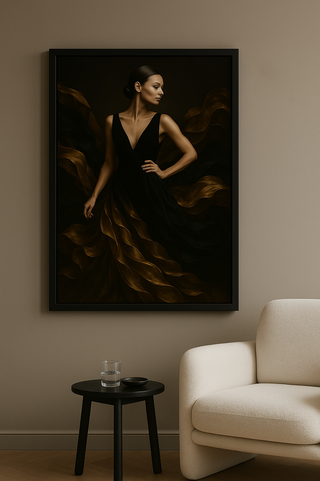 Wanddecoratie met zwarte lijst in woonkamer