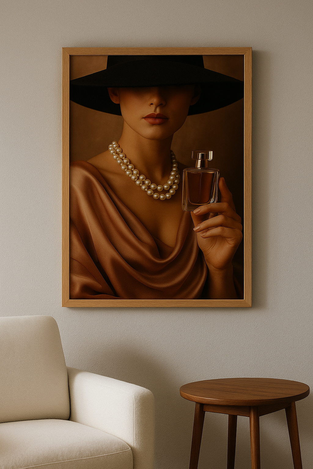 Wanddecoratie met eiken lijst in woonkamer