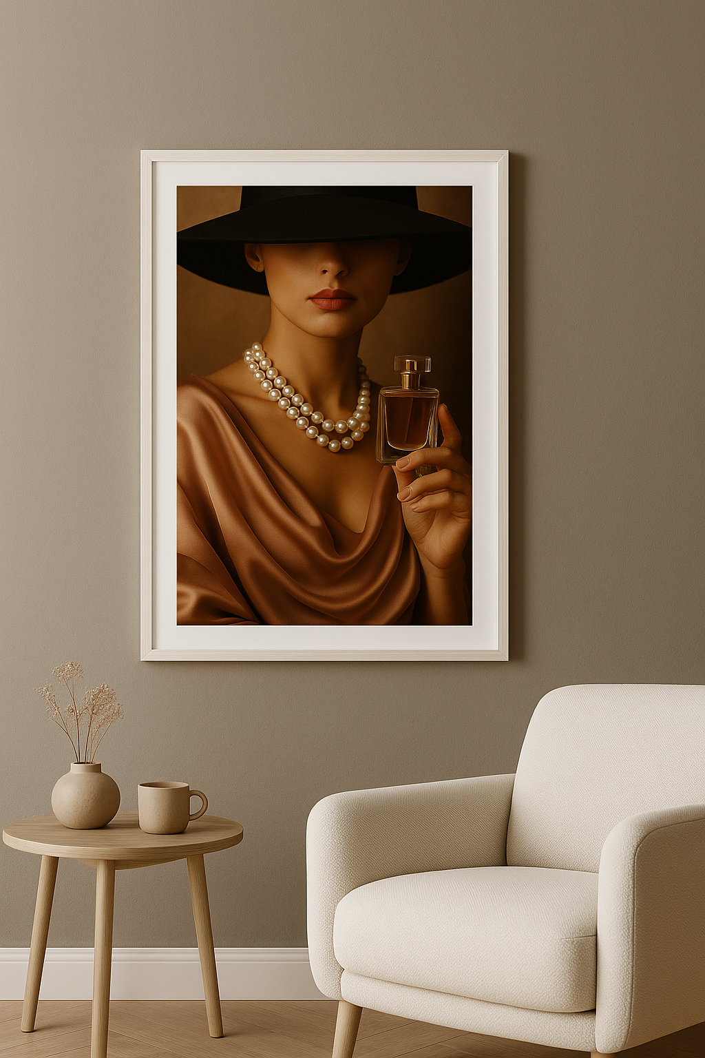 Wanddecoratie met witte lijst in woonkamer