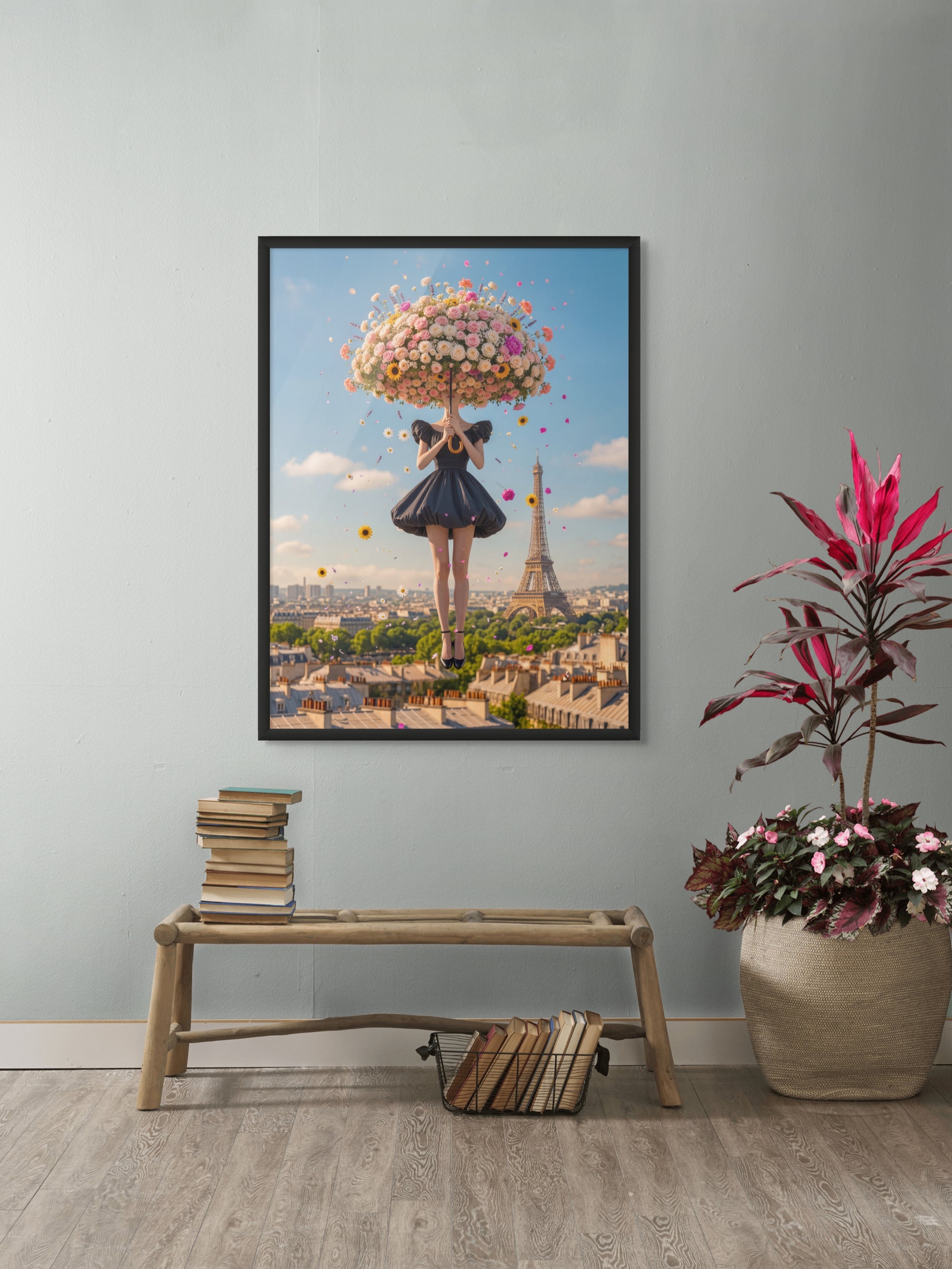 Bloemenparaplu boven Parijs Wanddecoratie – Romantisch Bloemen Canvas Print