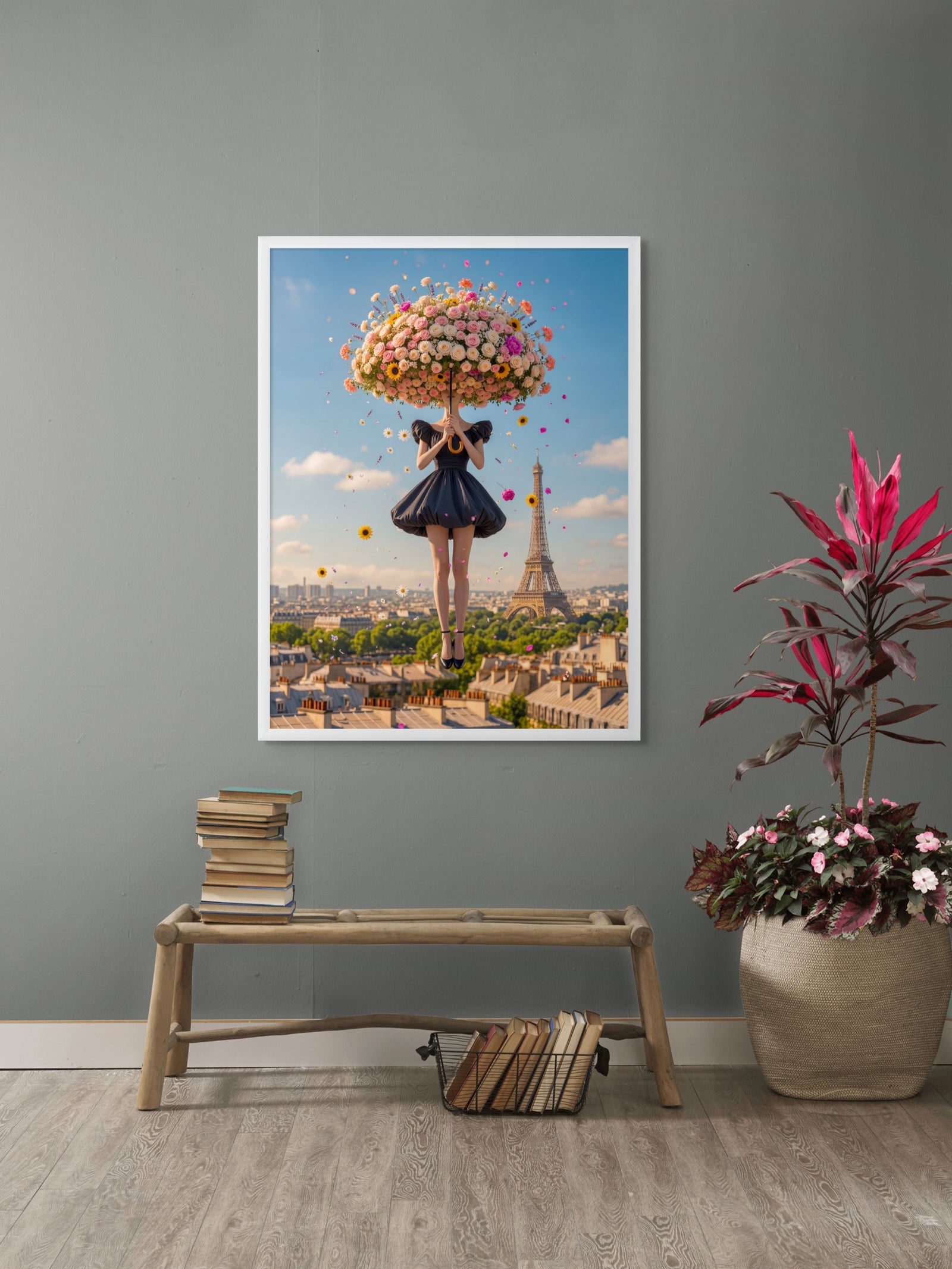 Bloemenparaplu boven Parijs Wanddecoratie – Romantisch Bloemen Canvas Print