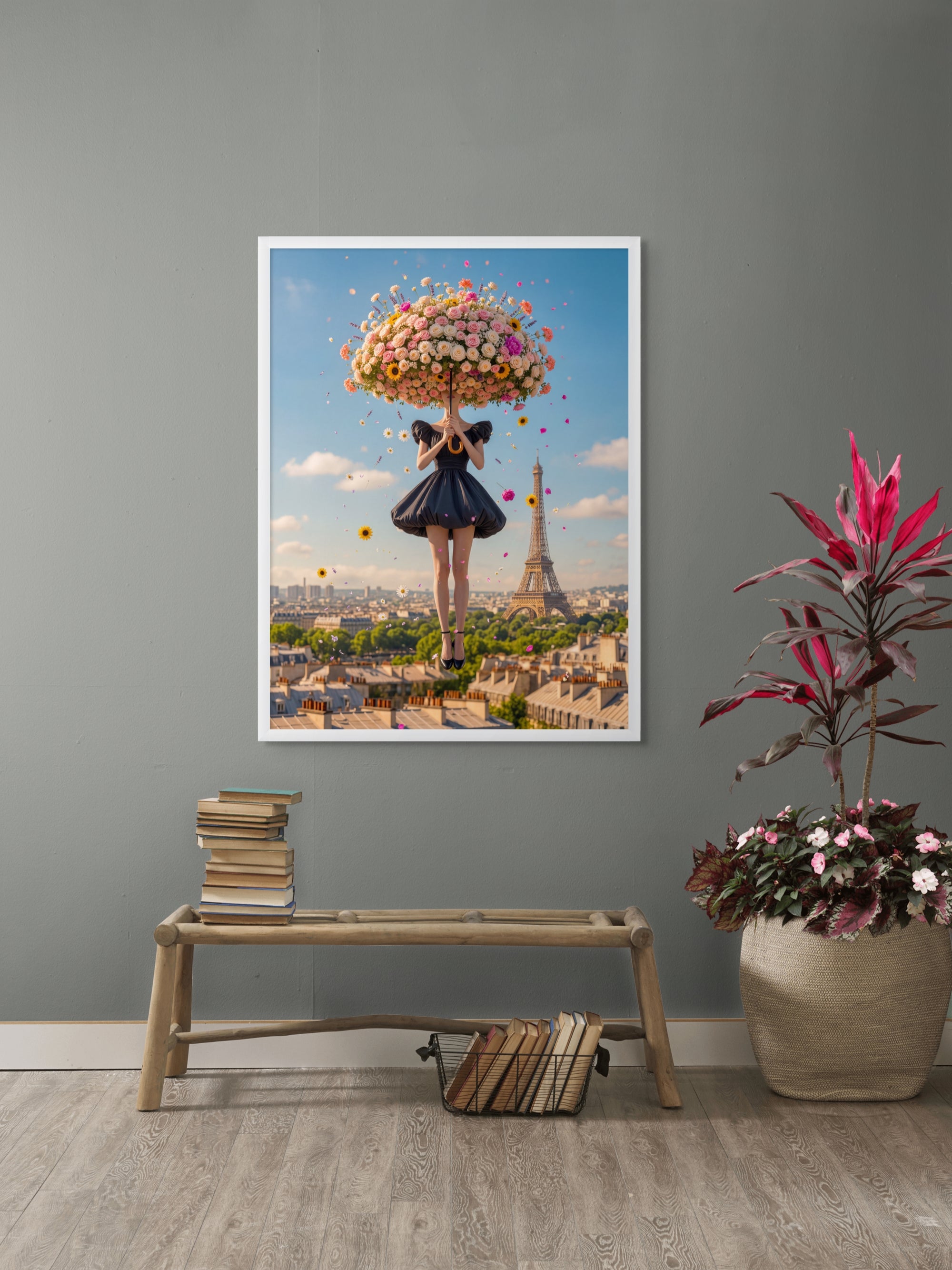 Bloemenparaplu boven Parijs Wanddecoratie – Romantisch Bloemen Canvas Print