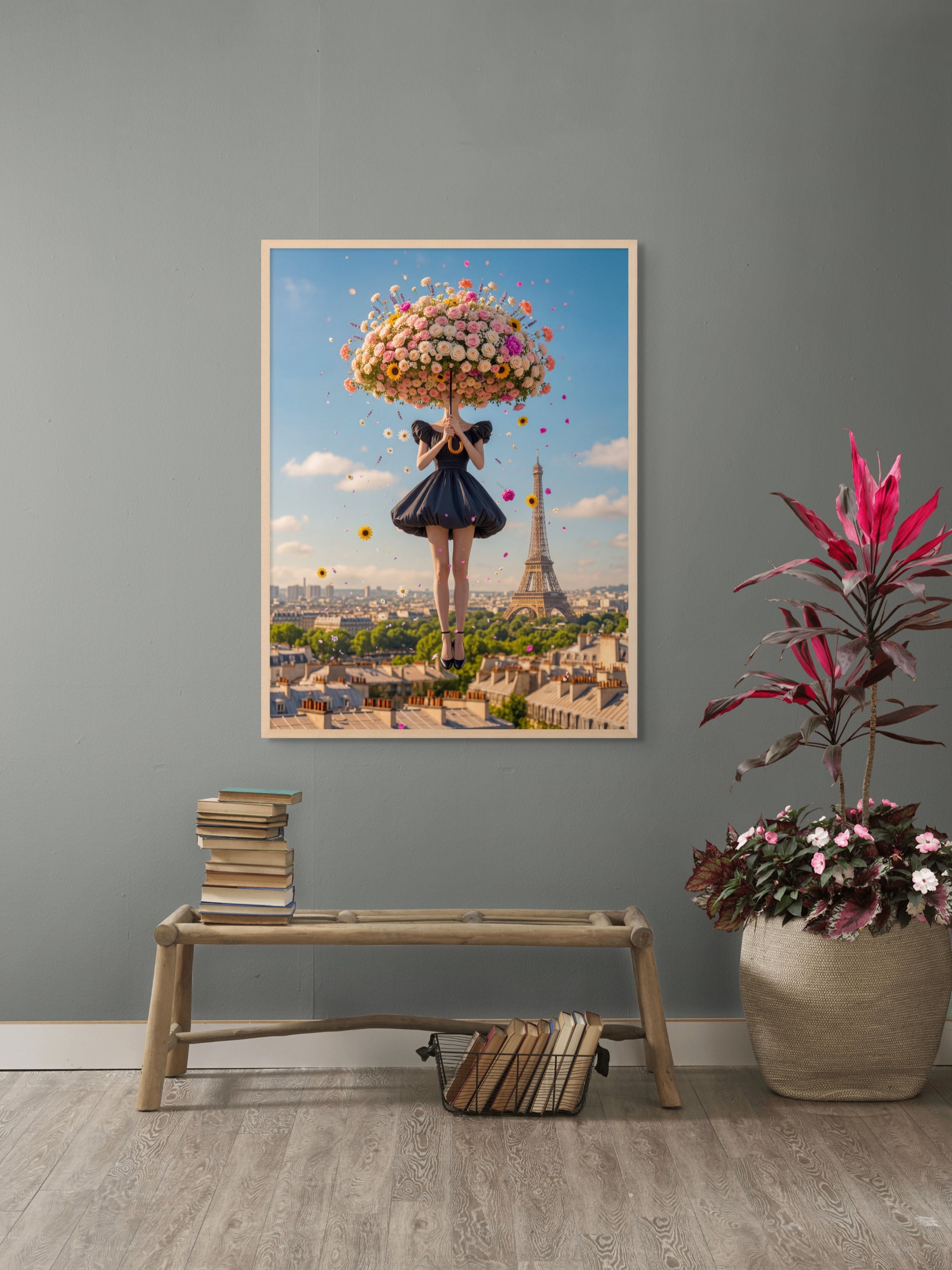 Bloemenparaplu boven Parijs Wanddecoratie – Romantisch Bloemen Canvas Print