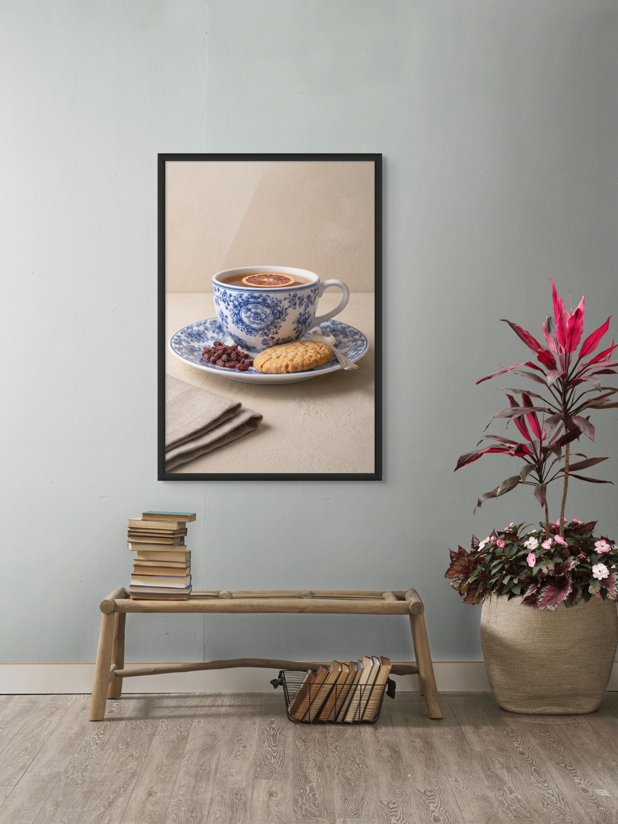 Blauwe Bloemthee Break Wanddecoratie – Sfeervolle Keuken Canvas Print