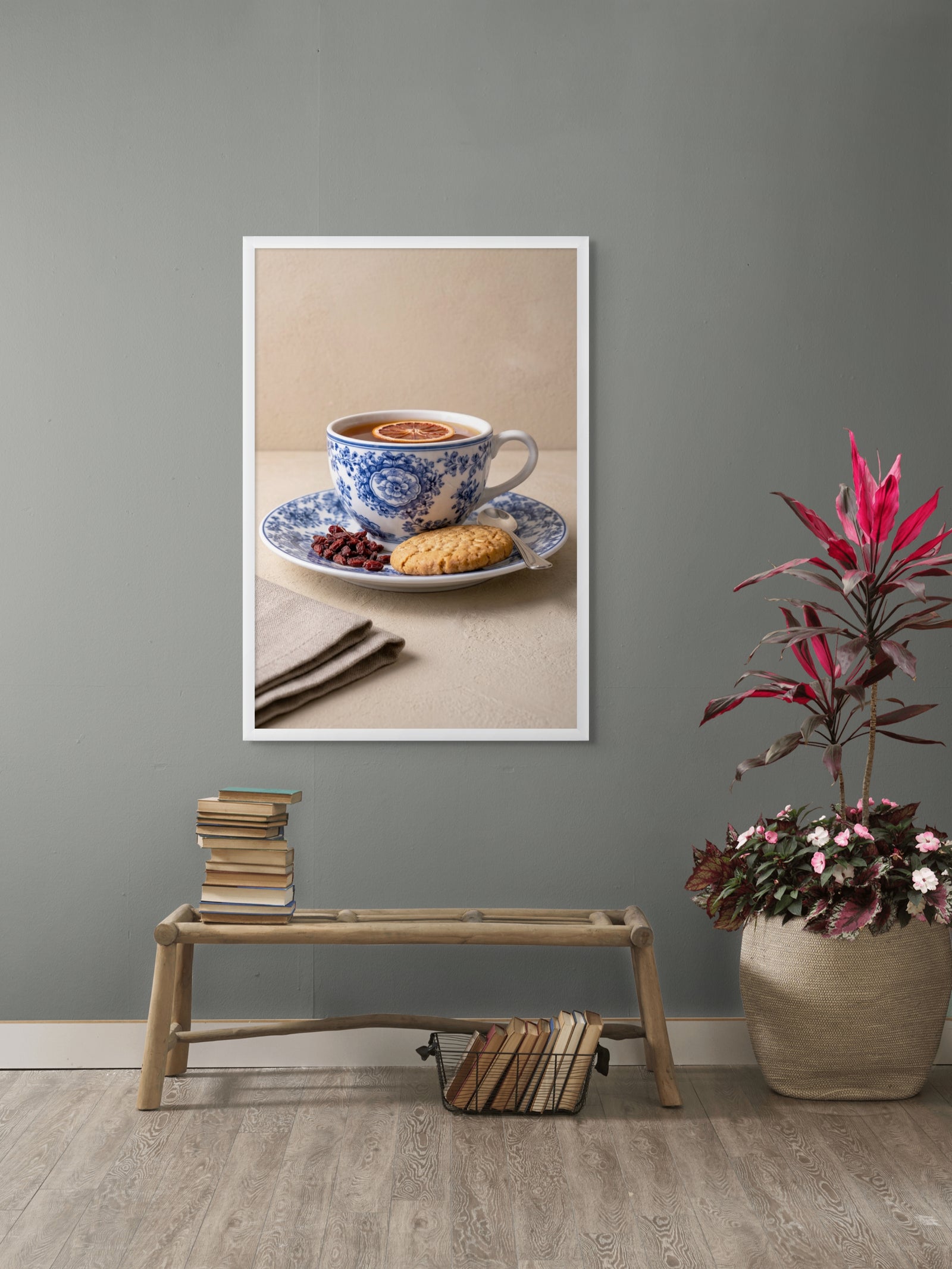 Blauwe Bloemthee Break Wanddecoratie – Sfeervolle Keuken Canvas Print