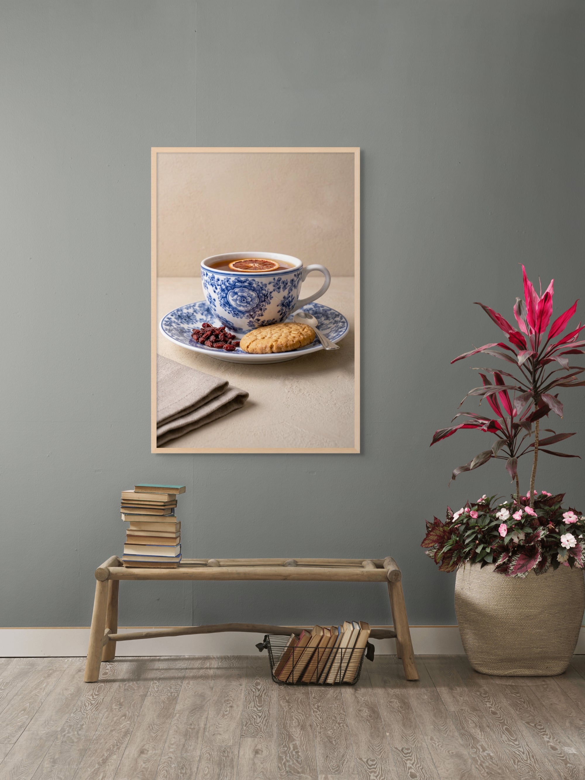 Blauwe Bloemthee Break Wanddecoratie – Sfeervolle Keuken Canvas Print