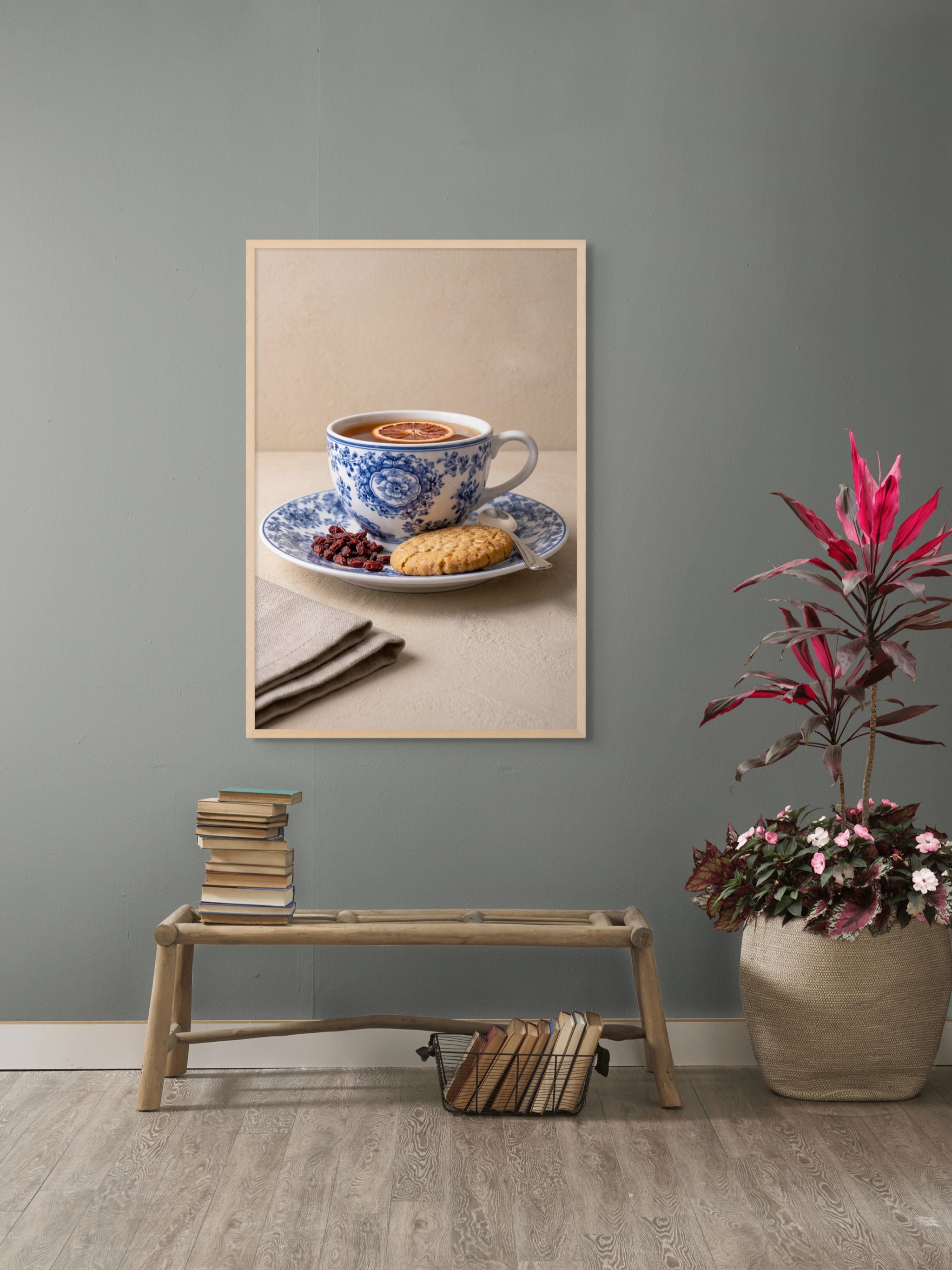 Blauwe Bloemthee Break Wanddecoratie – Sfeervolle Keuken Canvas Print