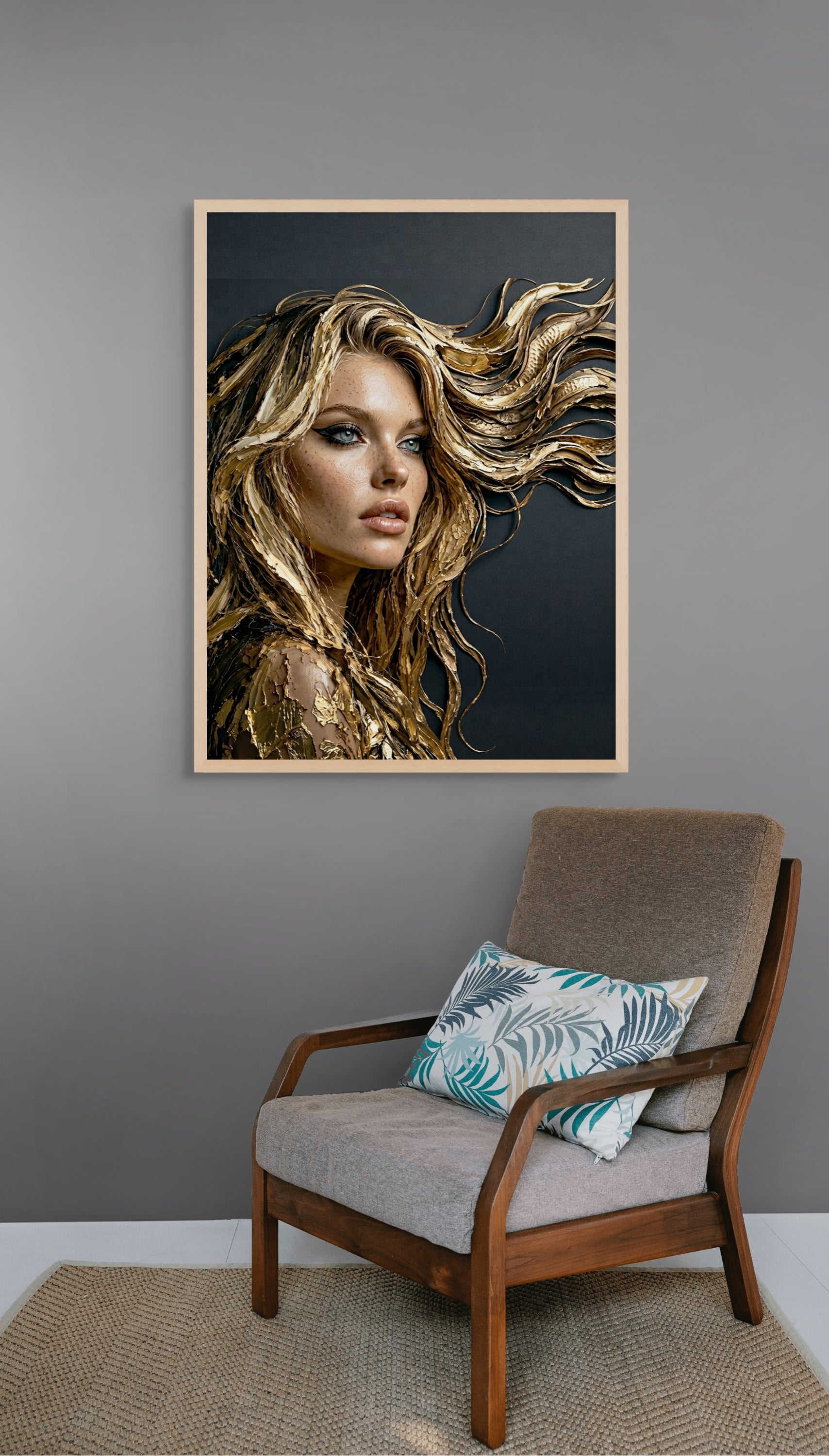 Abstract Portret Wanddecoratie Goud – Modern Schilderij Canvas of Aluminium