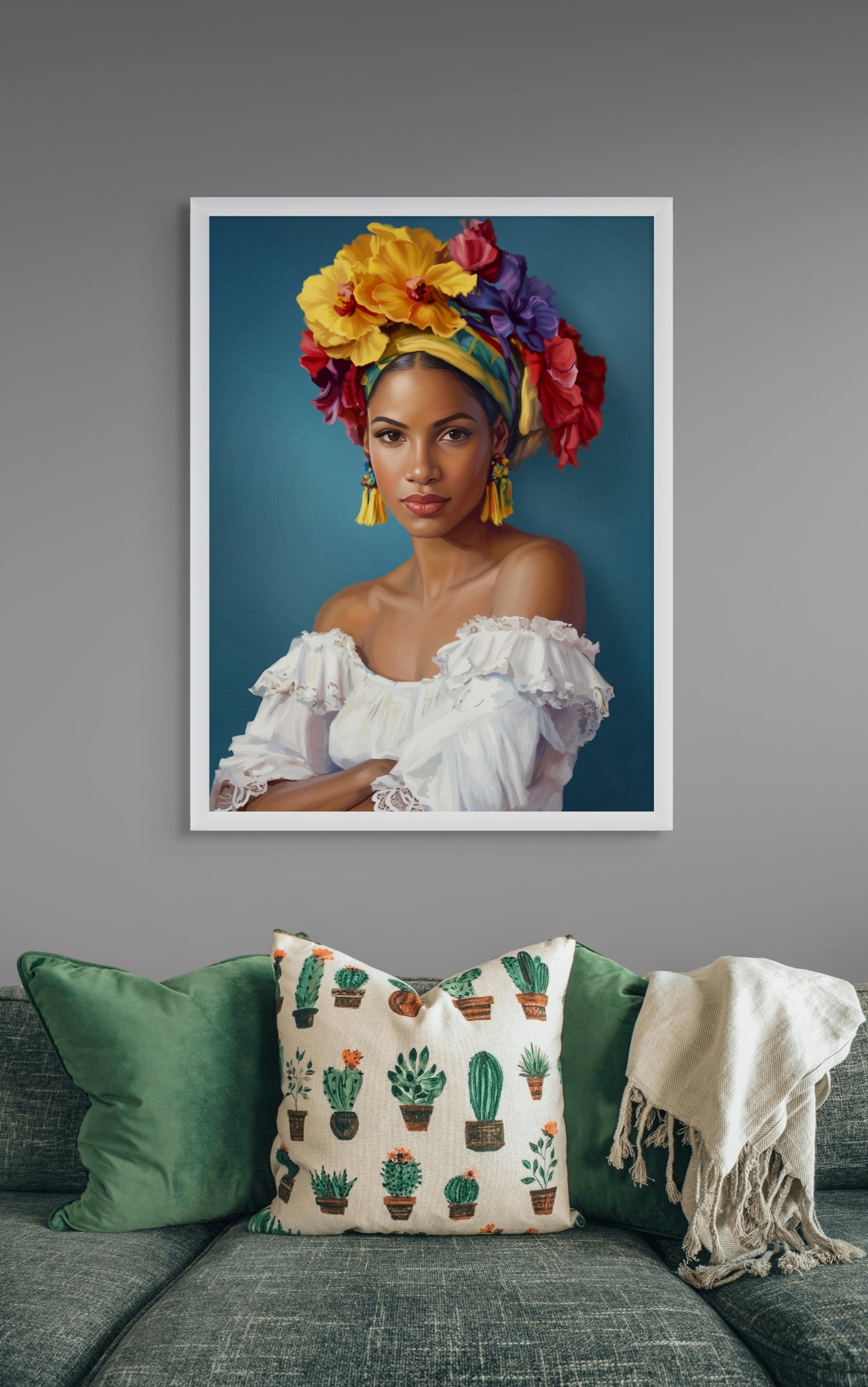 Tropisch Vrouw Portret Wanddecoratie – Kleurrijke Canvas Woonkamer Print
