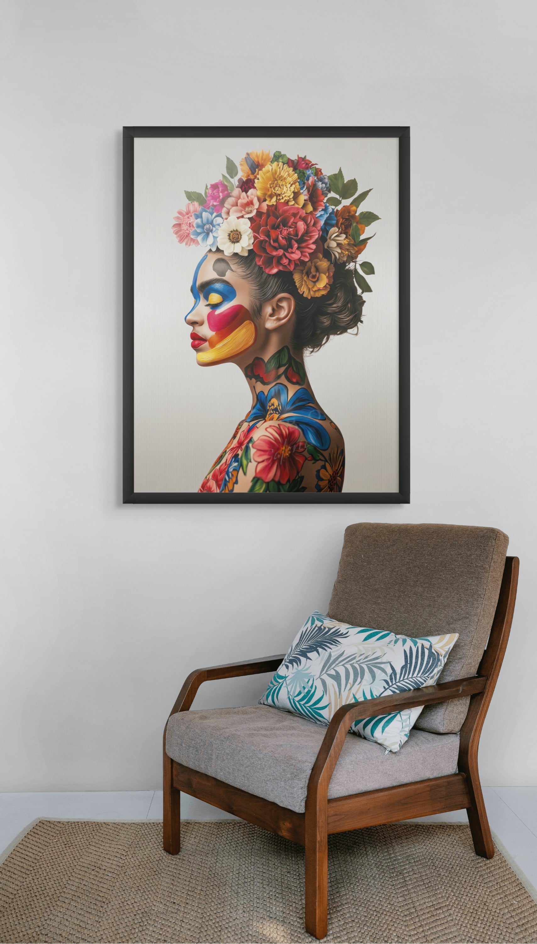 Kleurrijk Vrouw Bloemen Wanddecoratie – Vrolijke Canvas Woonkamer Print