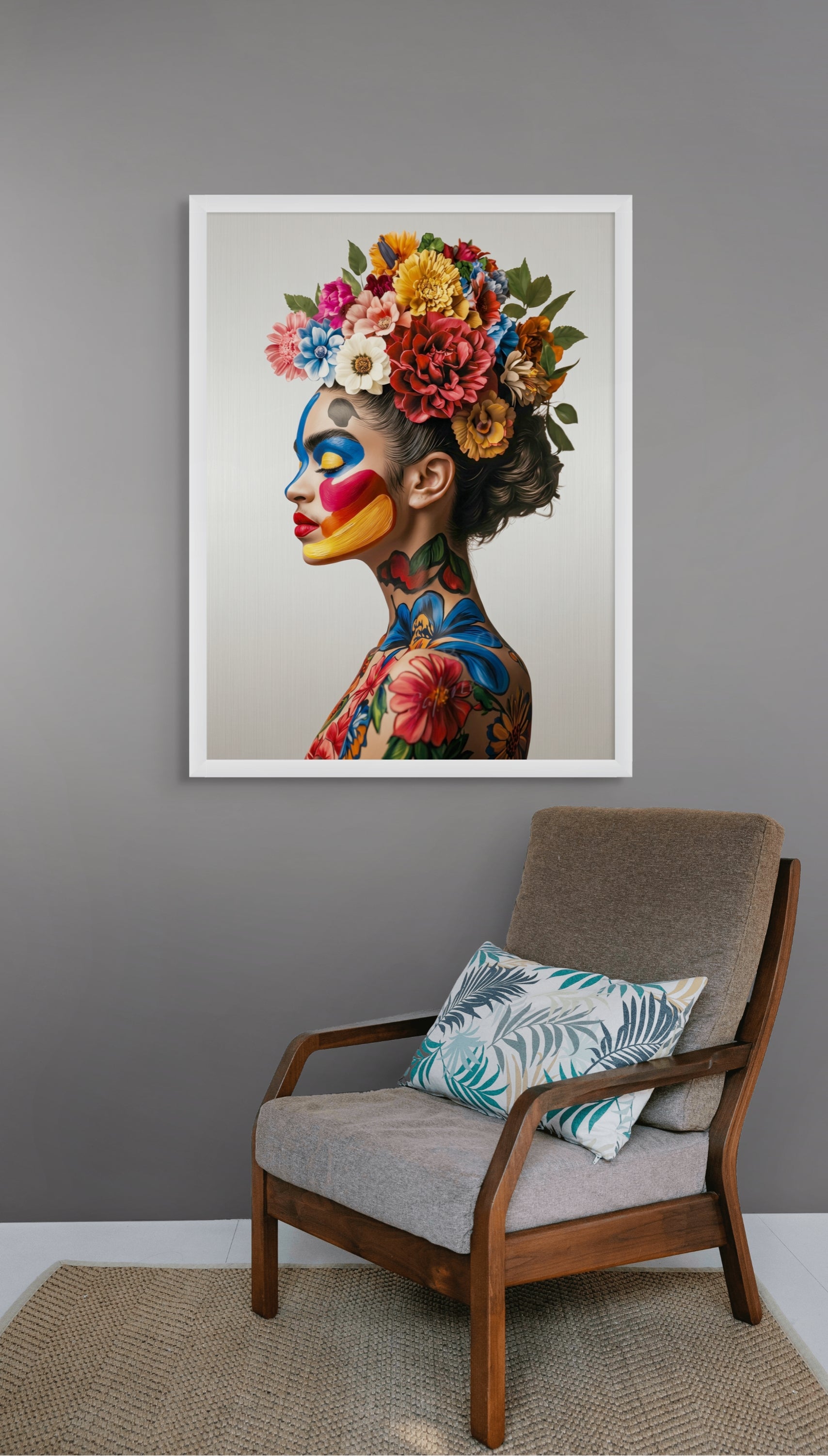 Kleurrijk Vrouw Bloemen Wanddecoratie – Vrolijke Canvas Woonkamer Print