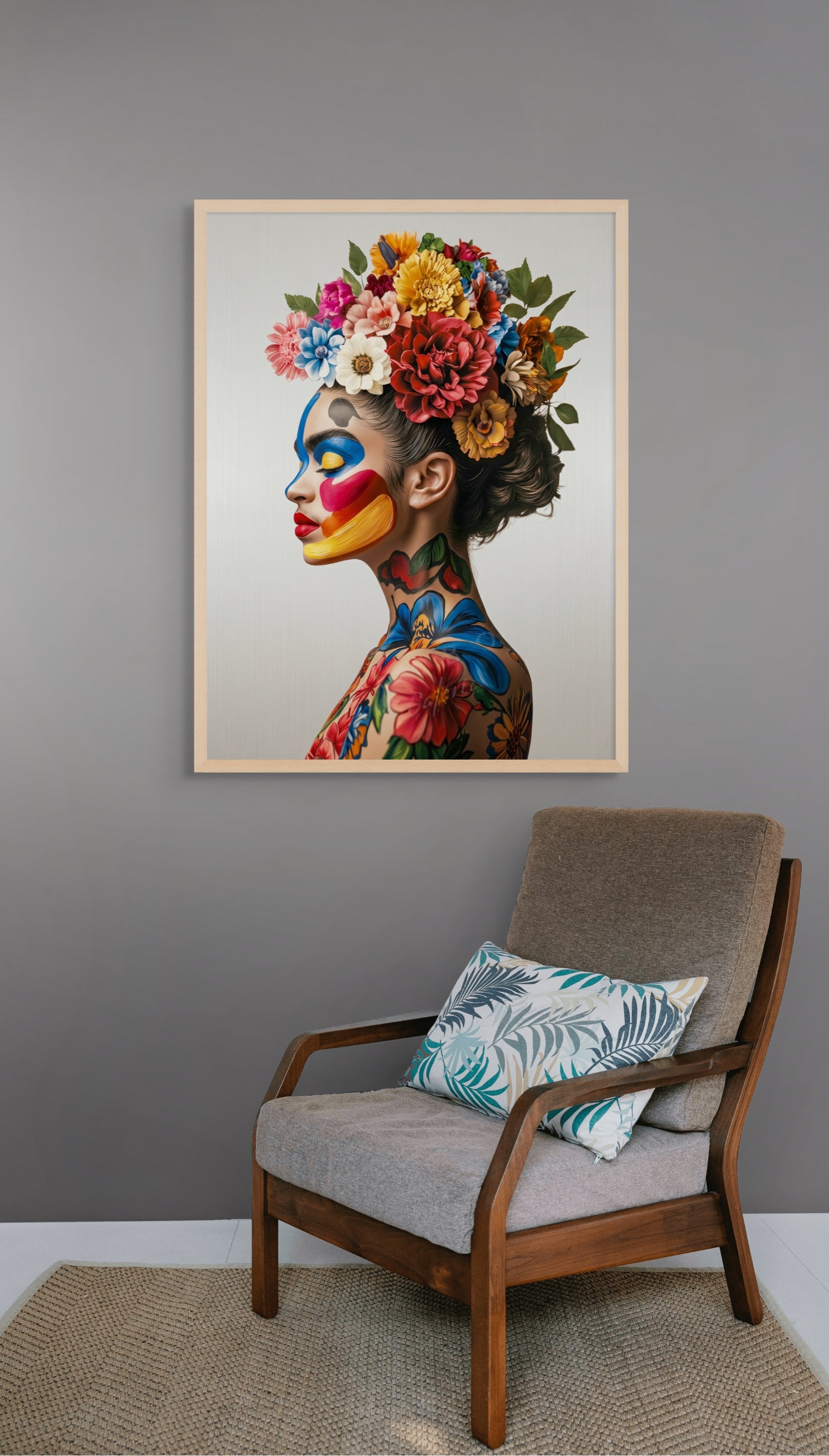 Kleurrijk Vrouw Bloemen Wanddecoratie – Vrolijke Canvas Woonkamer Print