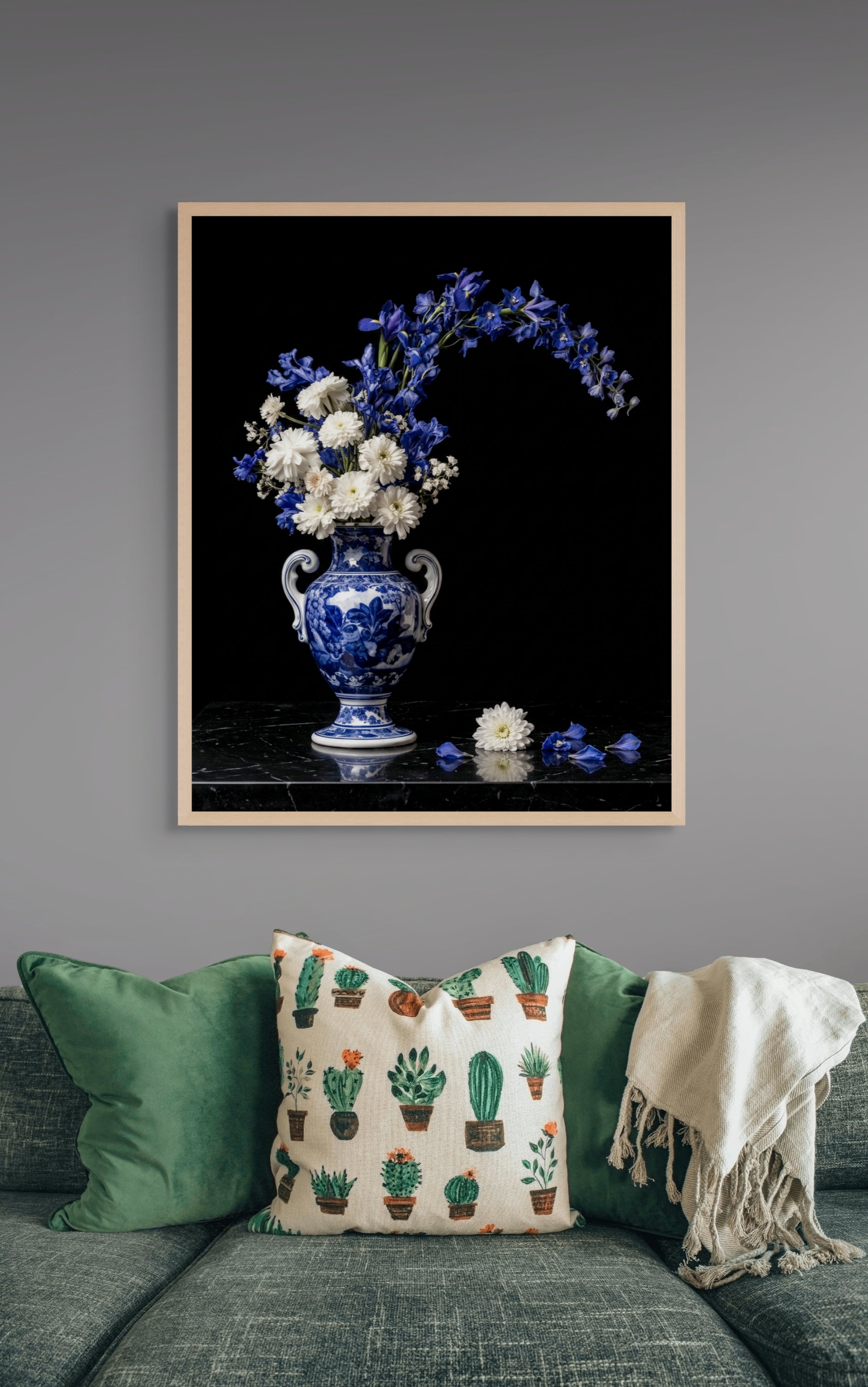 Delfts Blauw Bloemen Wanddecoratie Nacht – Sfeervolle Canvas Slaapkamer Print