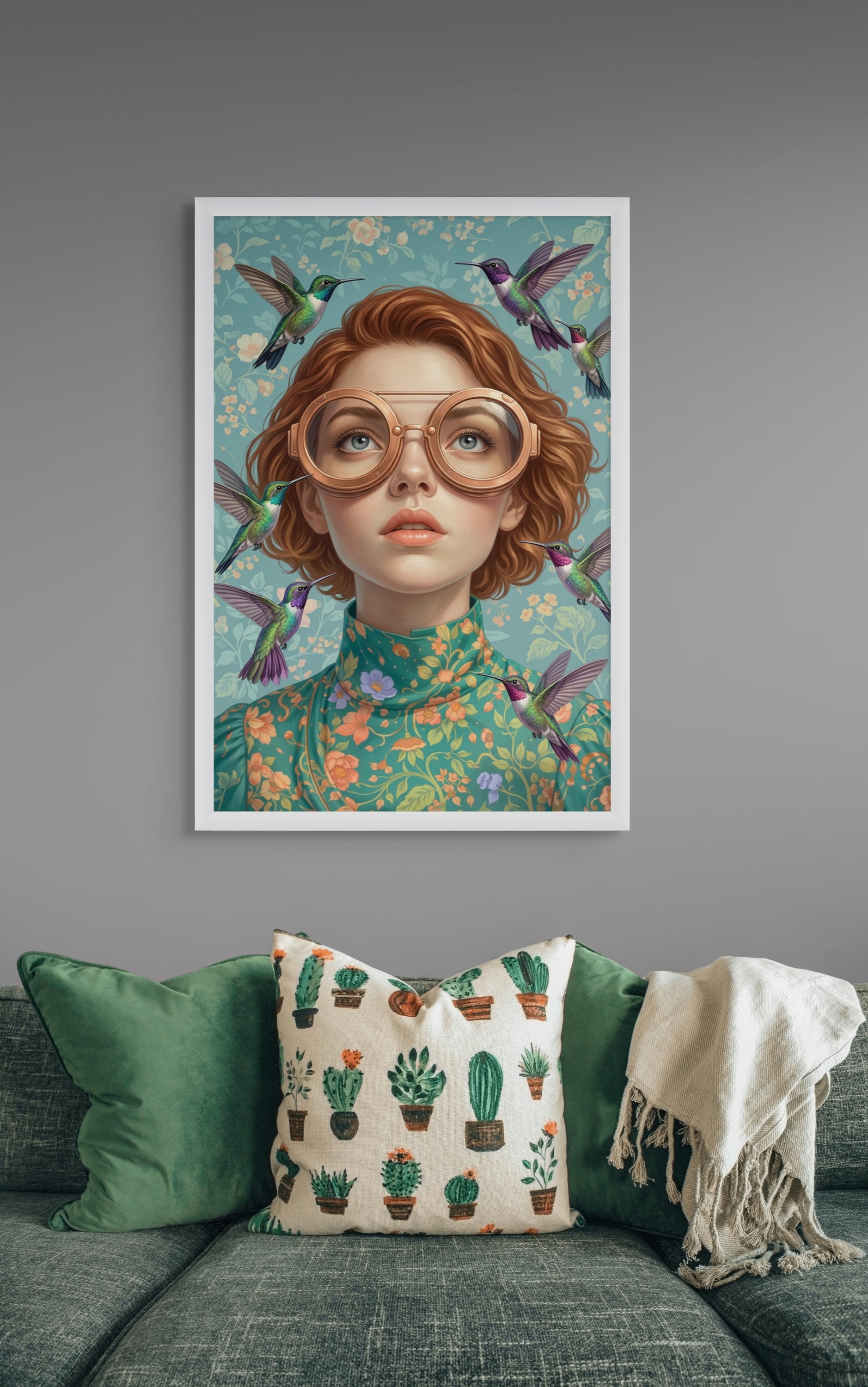 Steampunk Vrouw Kolibrie Wanddecoratie – Koperen Canvas Woonkamer Print