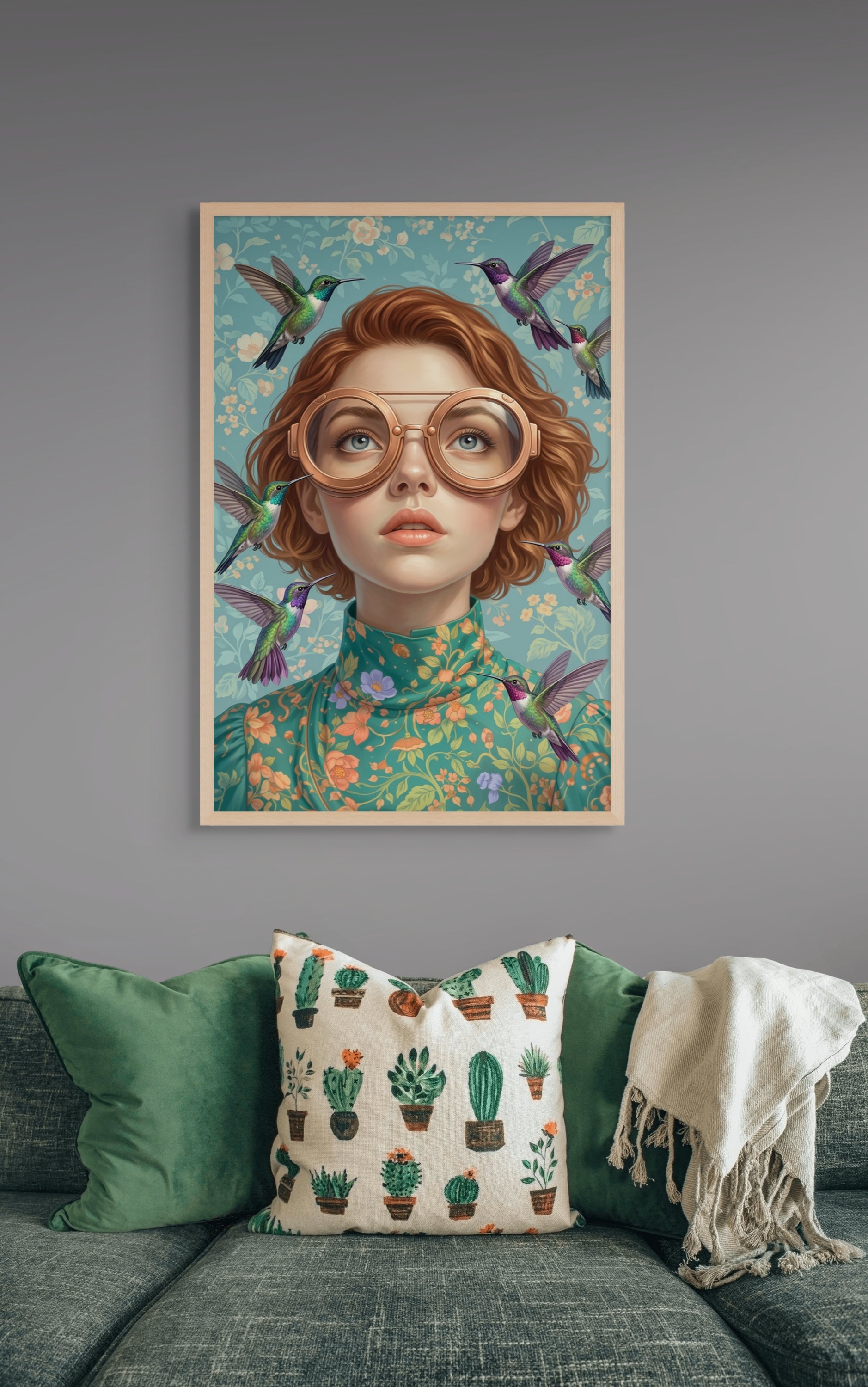 Steampunk Vrouw Kolibrie Wanddecoratie – Koperen Canvas Woonkamer Print