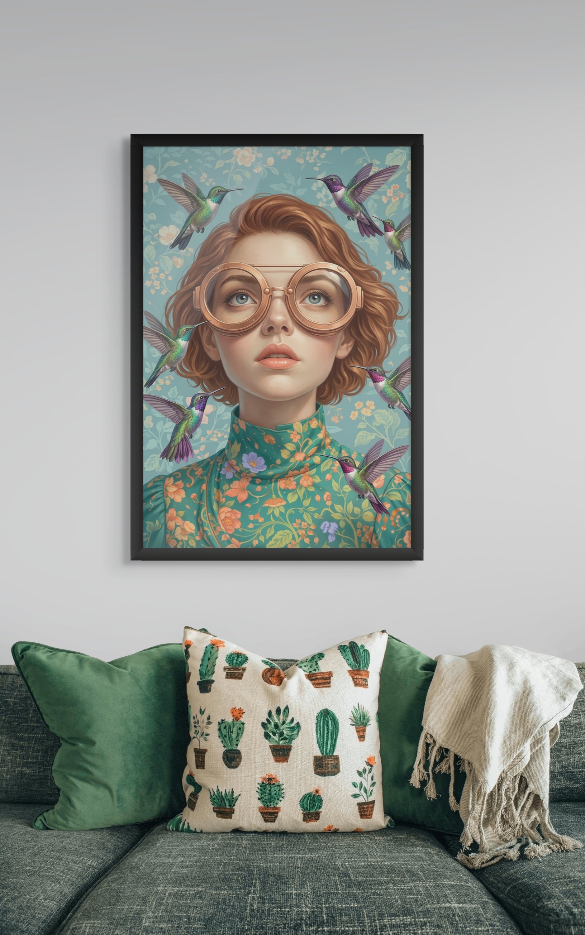 Steampunk Vrouw Kolibrie Wanddecoratie – Koperen Canvas Woonkamer Print