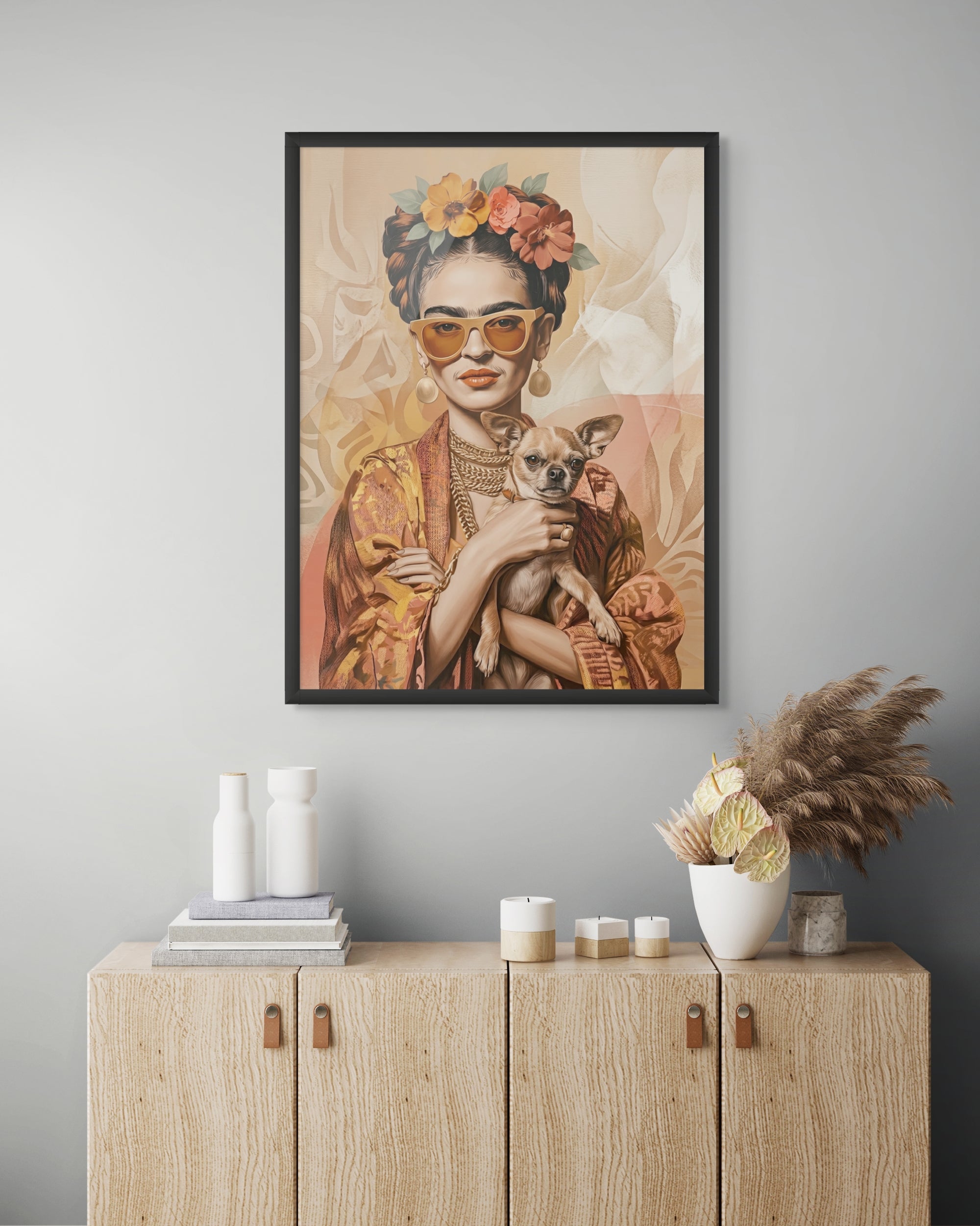 Frida Kahlo Stijl Wanddecoratie Chihuahua – Vrouw Dieren Canvas Print