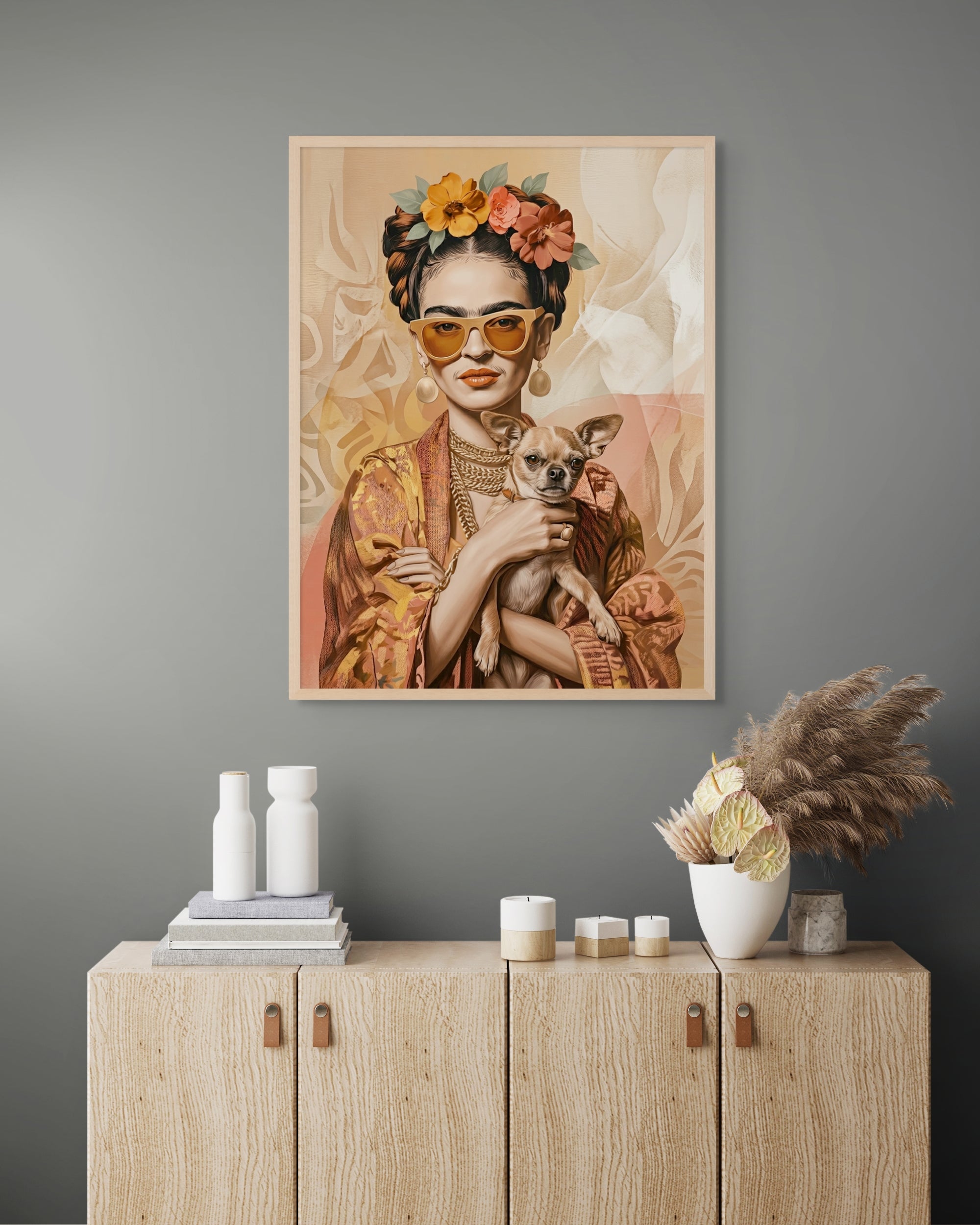 Frida Kahlo Stijl Wanddecoratie Chihuahua – Vrouw Dieren Canvas Print